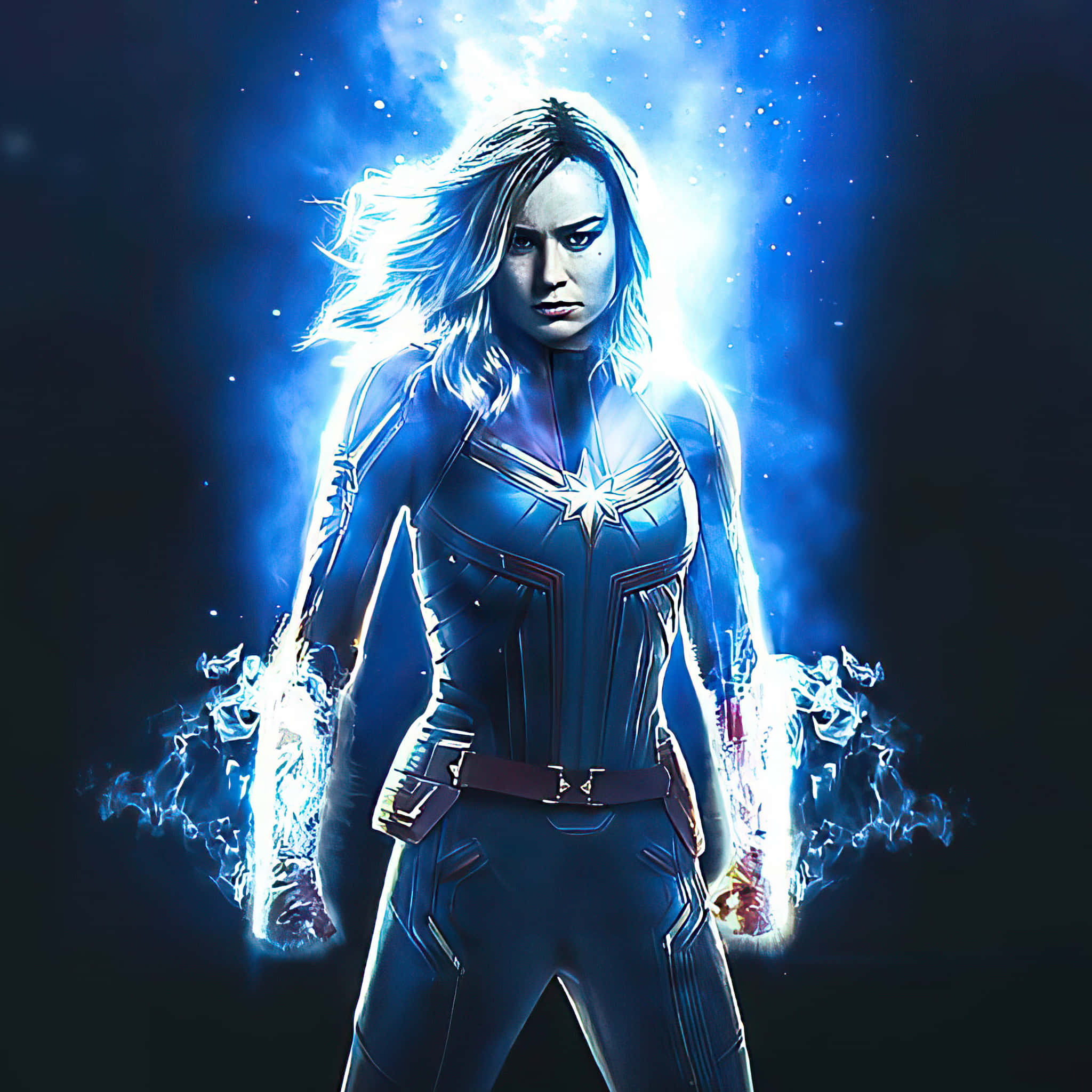 Captain Marvel, glowing blue energy aura, dark background, Full HD Desktop Wallpaper