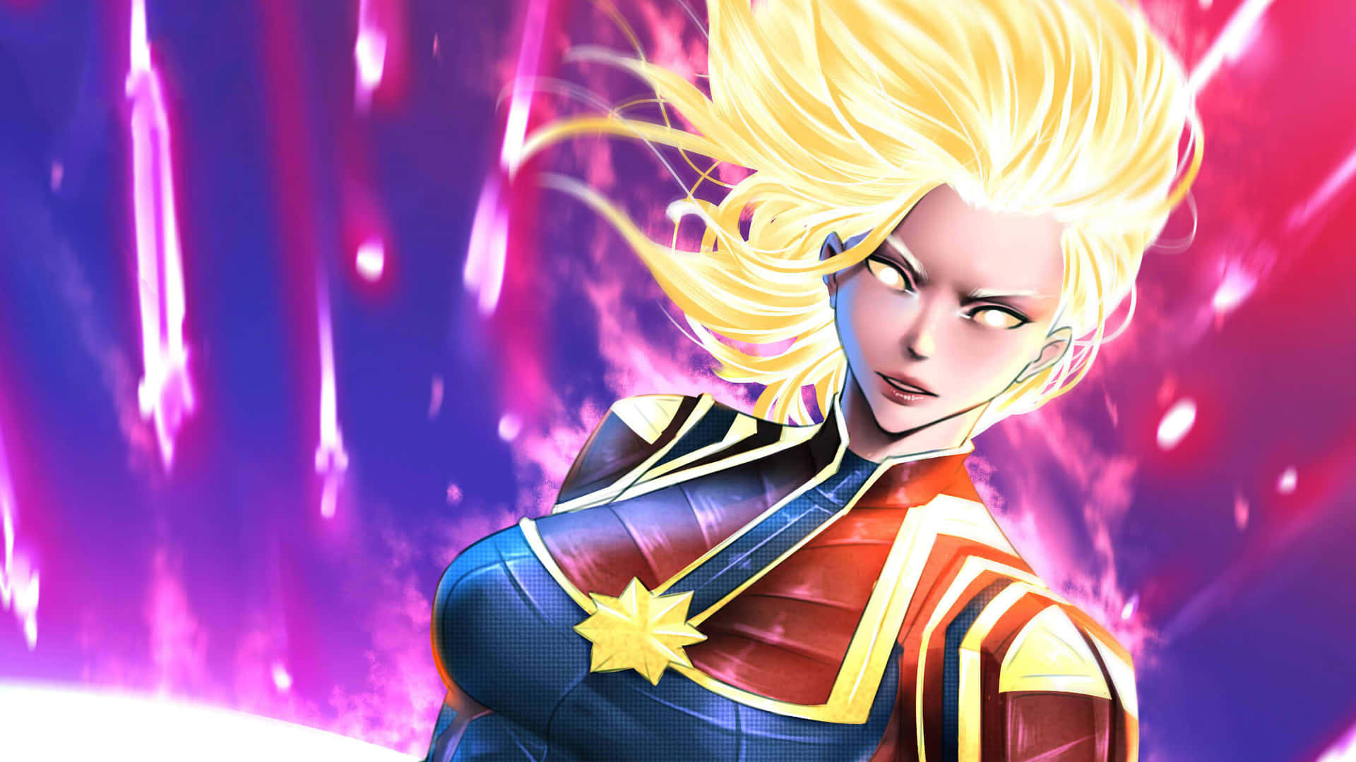 Captain Marvel, blue red and gold suit, vibrant purple and pink energy burst background, Full HD Desktop Wallpaper