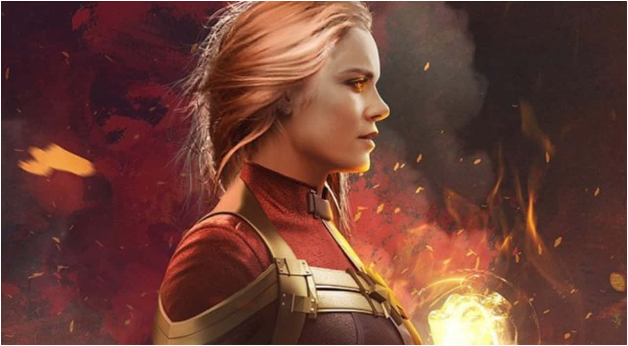 Captain Marvel, red and gold armor, fiery explosion, HD Desktop Wallpaper
