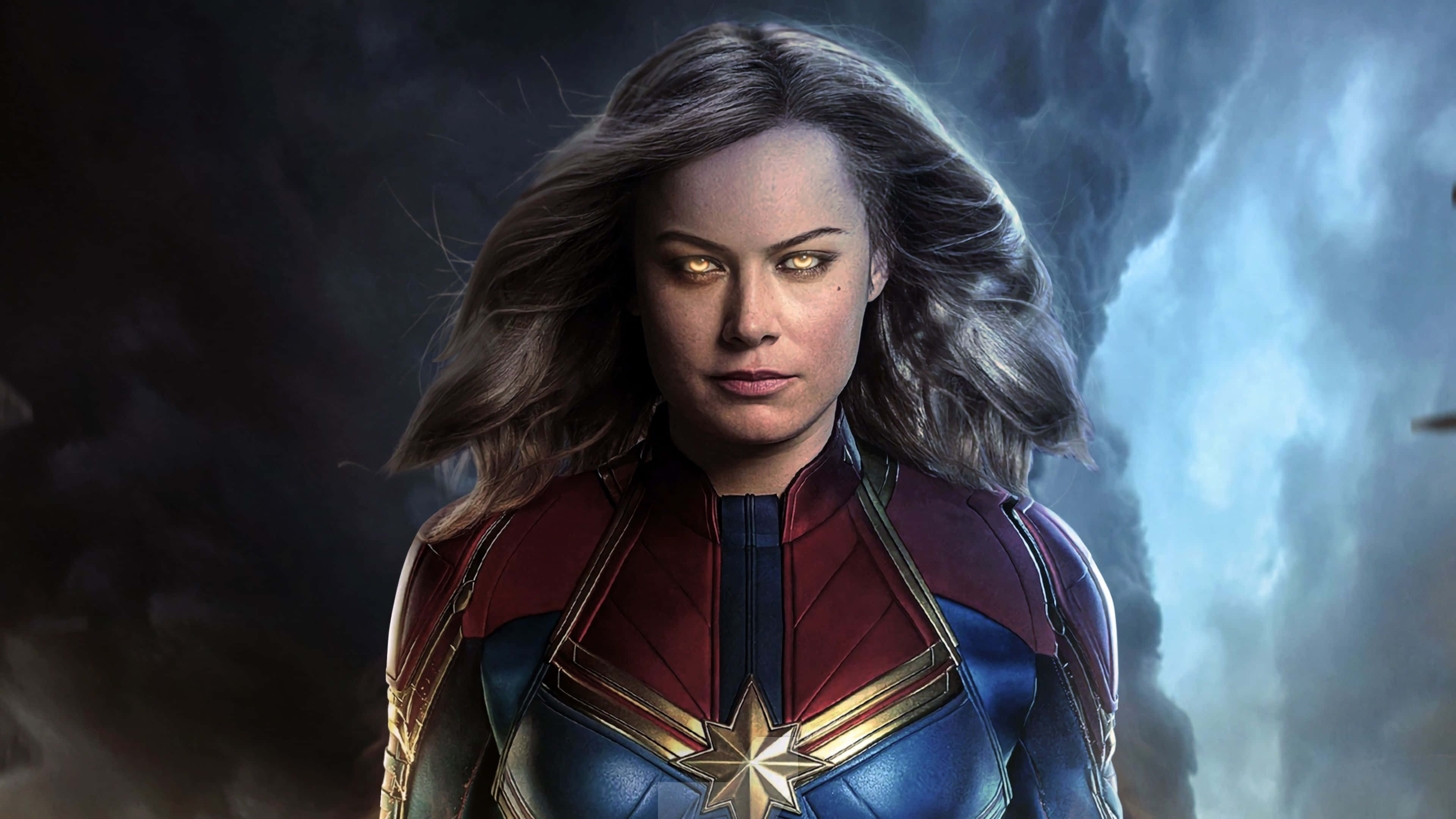 Captain Marvel, blue and red suit, stormy sky, 4K Desktop Wallpaper