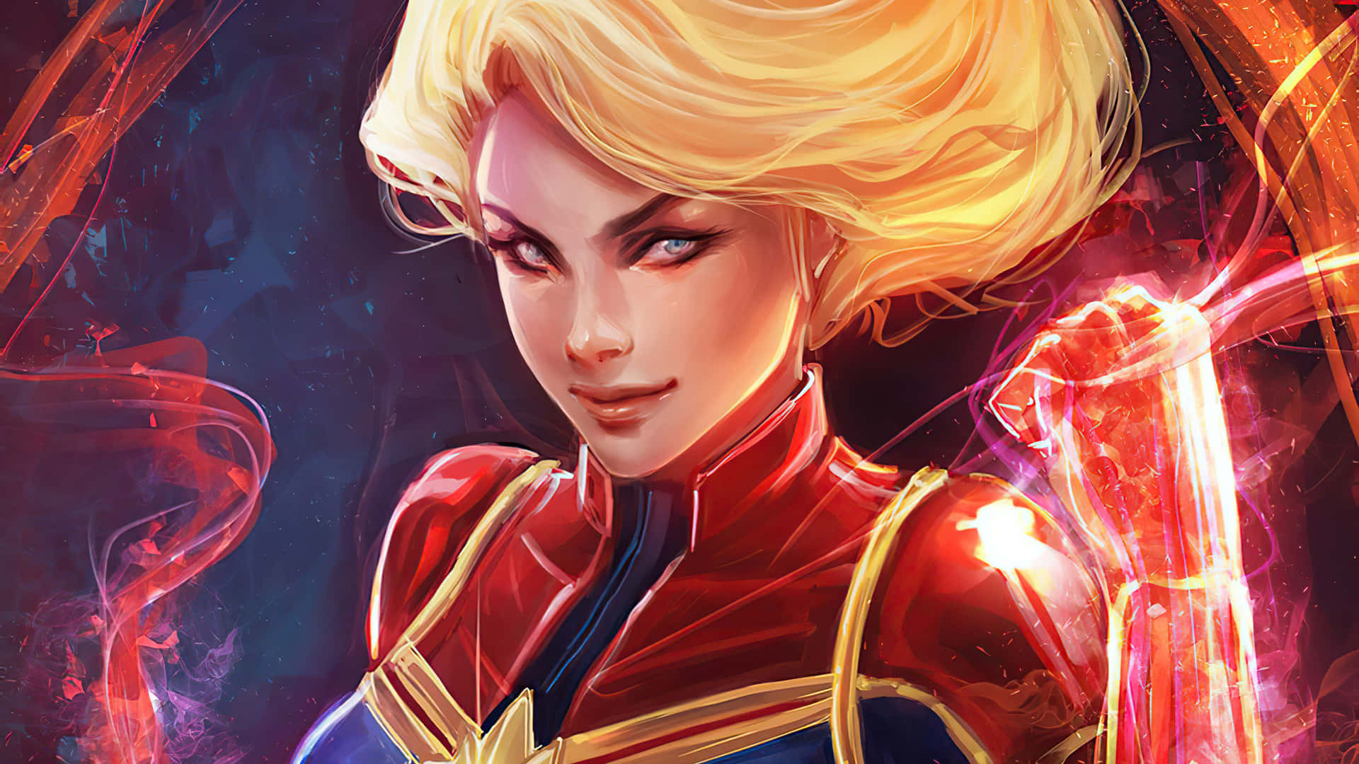 Captain Marvel, golden hair, glowing red energy fists, Full HD Desktop Wallpaper