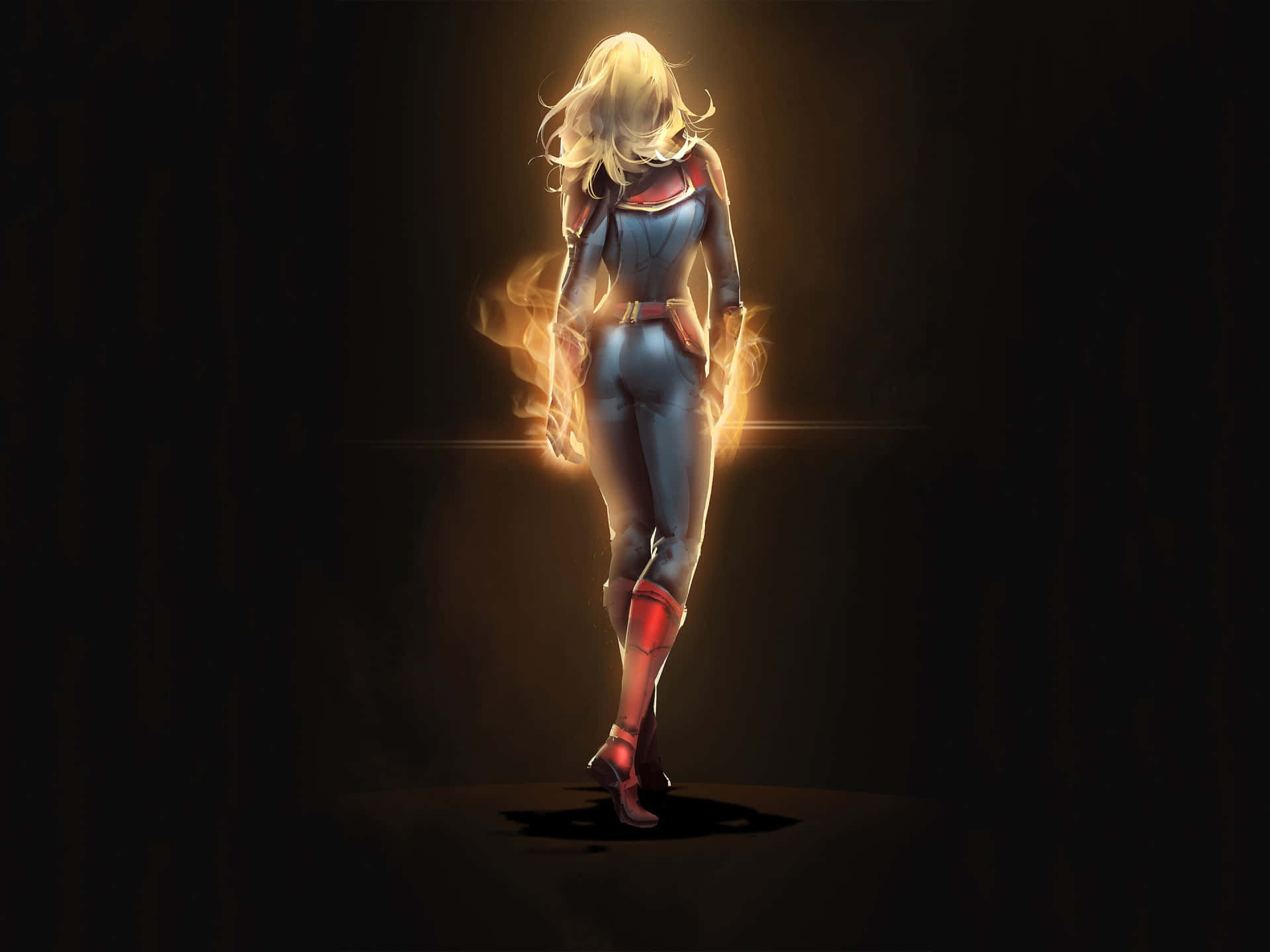 Captain Marvel, blue and red suit, glowing golden energy, Full HD Desktop Wallpaper