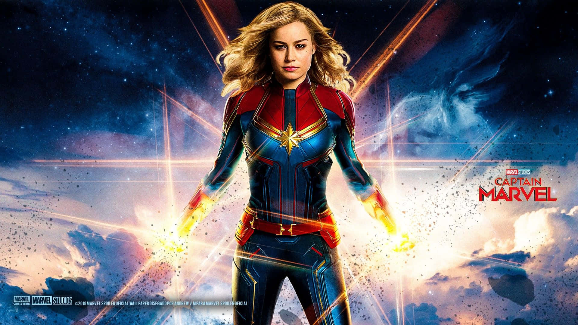 Captain Marvel, cosmic setting, glowing energy, Full HD Desktop Wallpaper