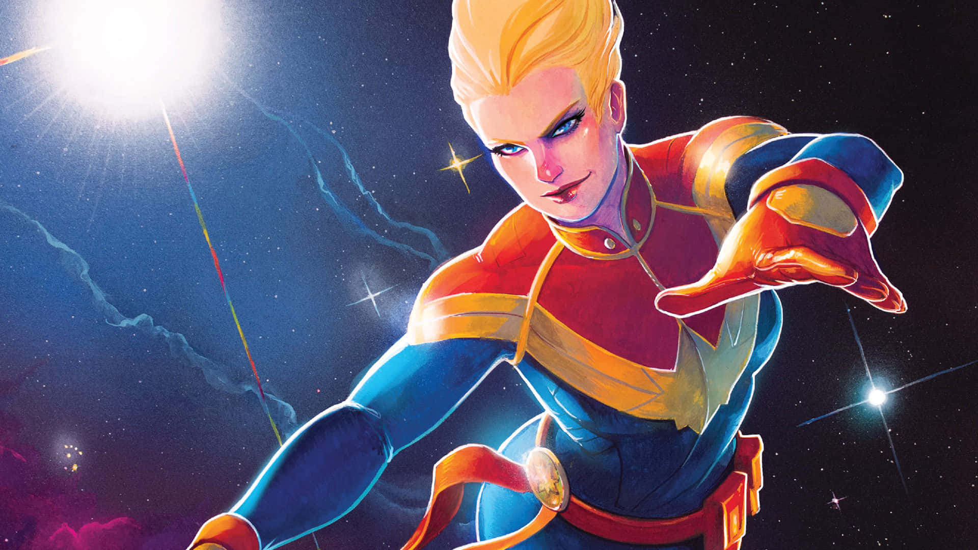 Captain Marvel, red blue and gold suit, starry cosmic backdrop, Full HD Desktop Wallpaper