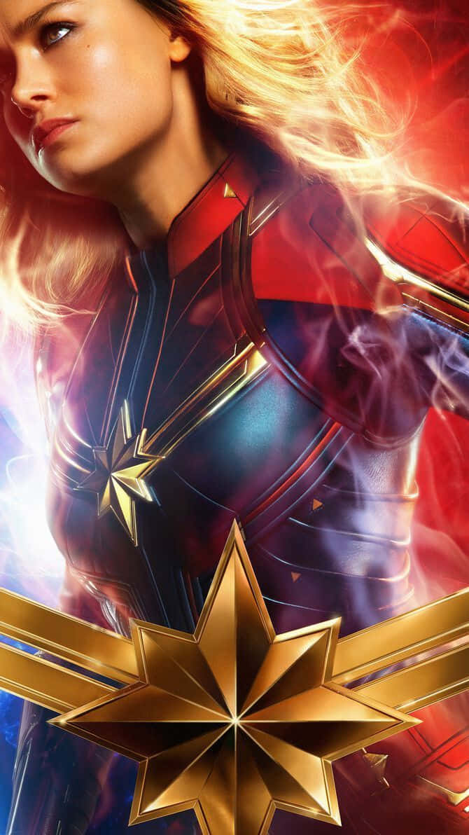 Captain Marvel, red blue and gold suit, glowing star emblem, SD Phone Wallpaper