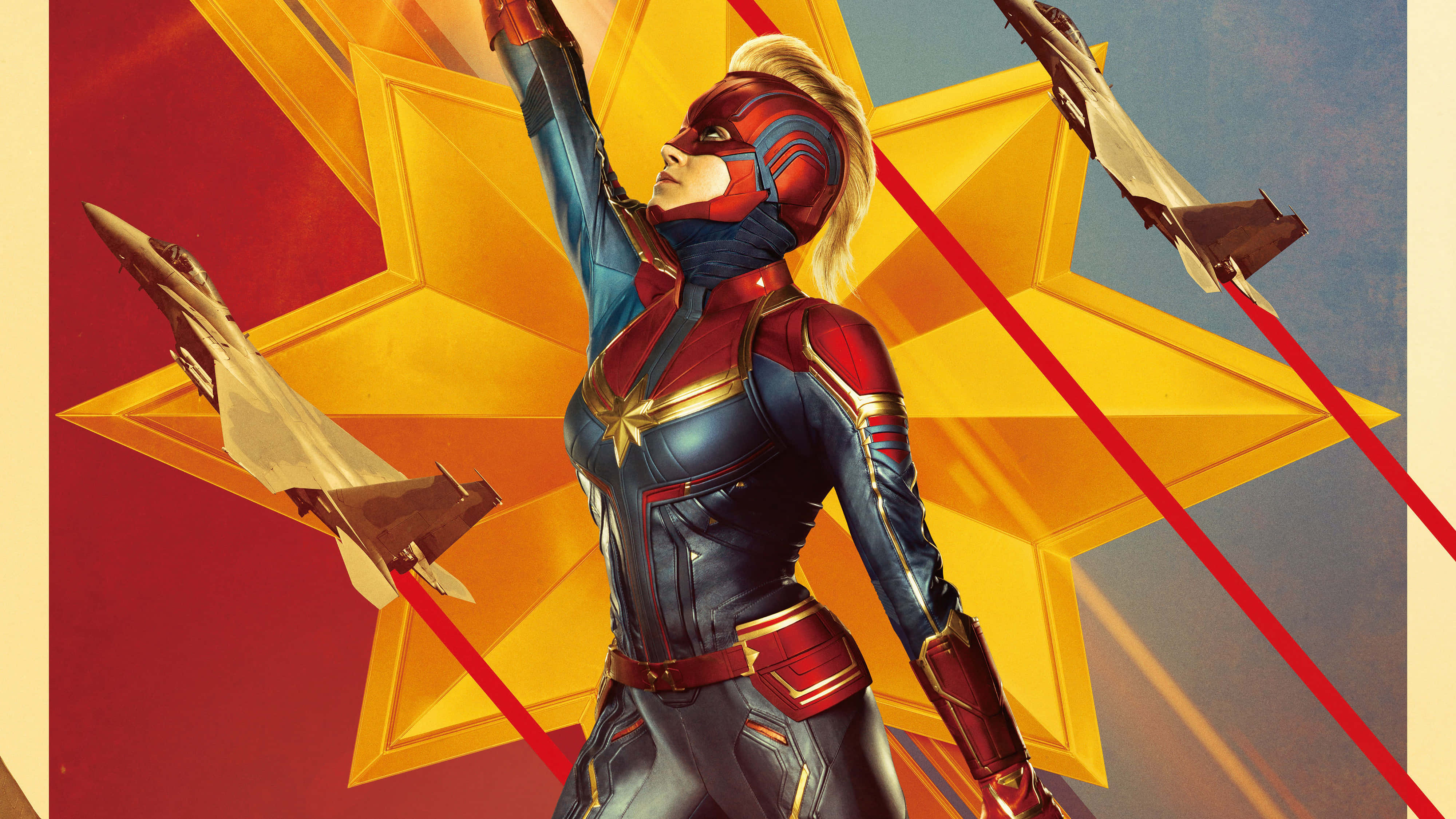 Captain Marvel, red and blue suit, yellow star backdrop, 4K Desktop Wallpaper