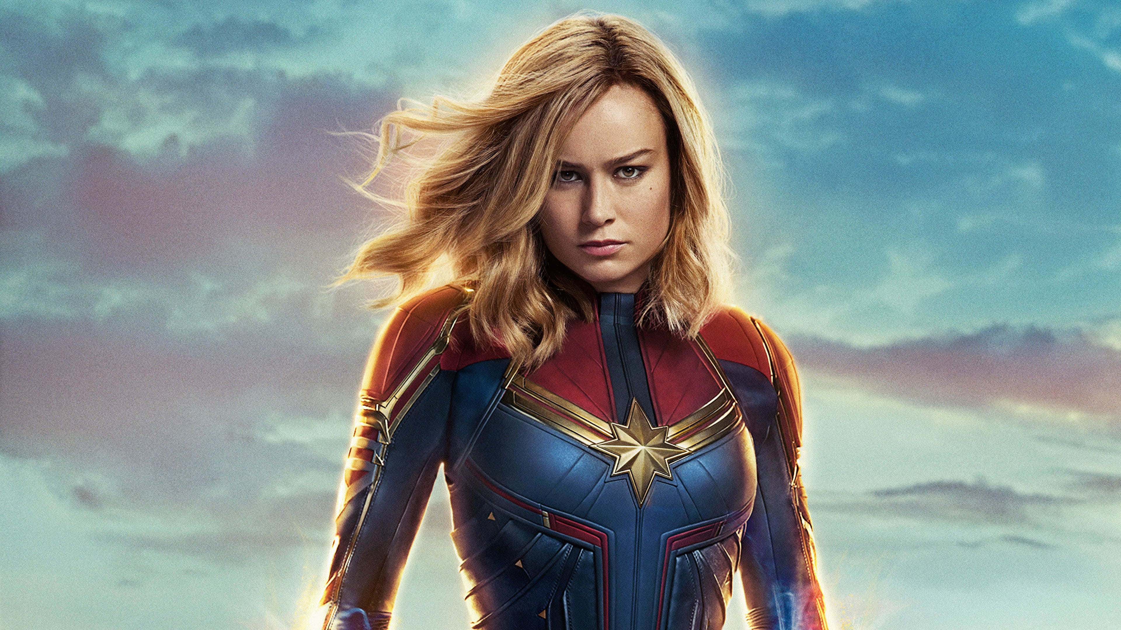 Captain Marvel, blue and red suit, twilight sky, 4K Desktop Wallpaper