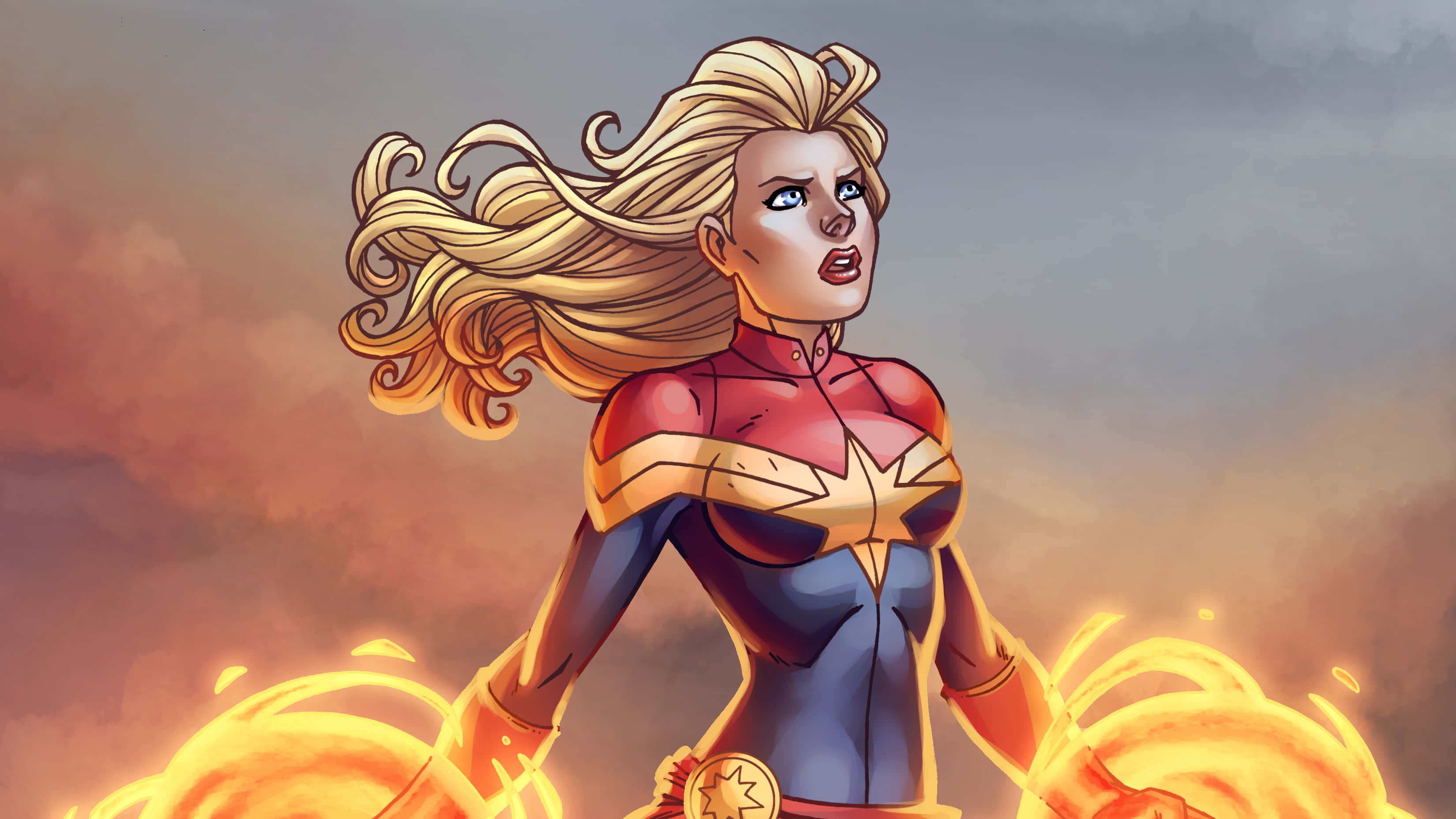 Captain Marvel, iPad, fiery sunset sky, 2K Desktop Wallpaper