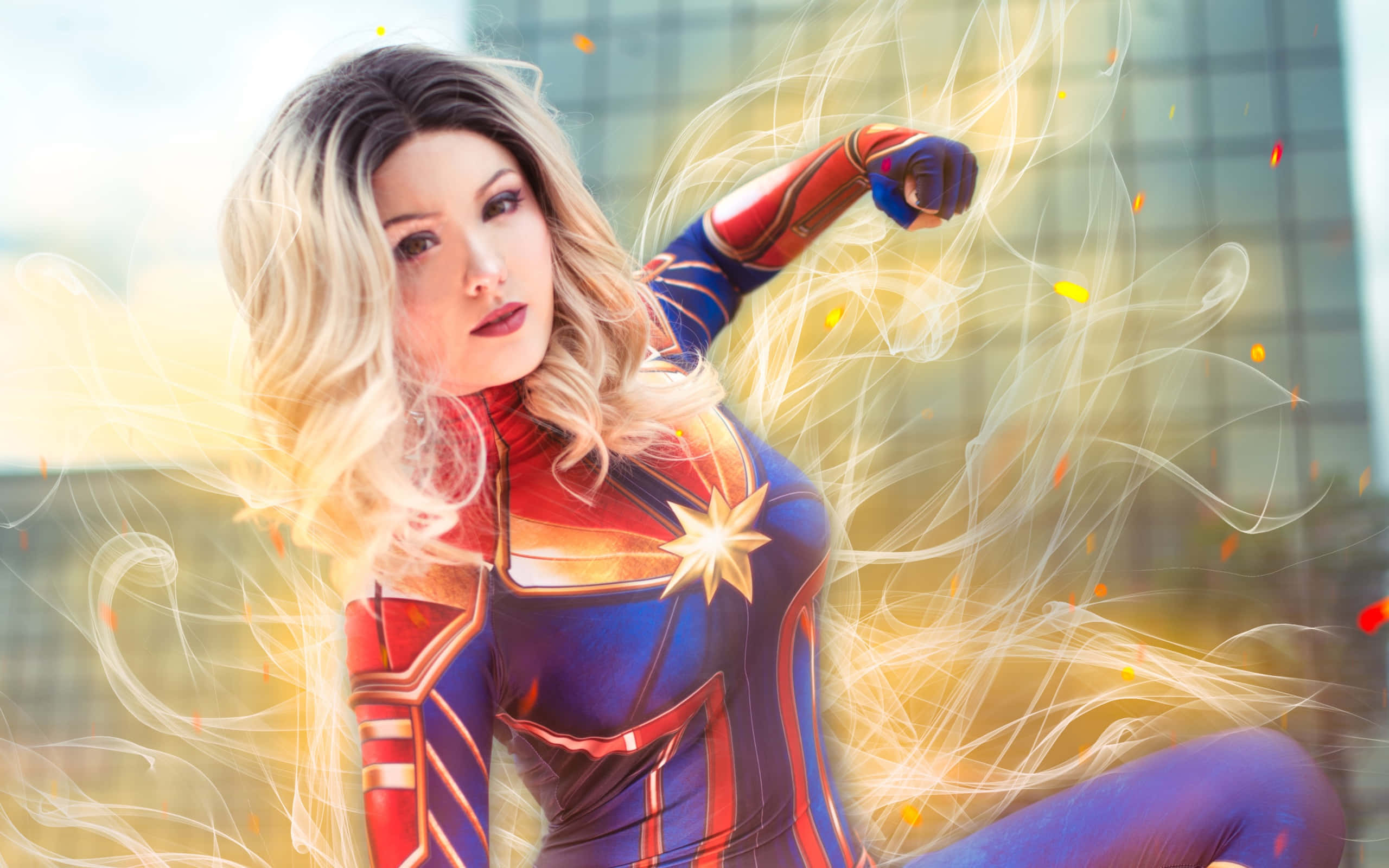Captain Marvel, blue and red suit, cityscape, 2K Desktop Wallpaper