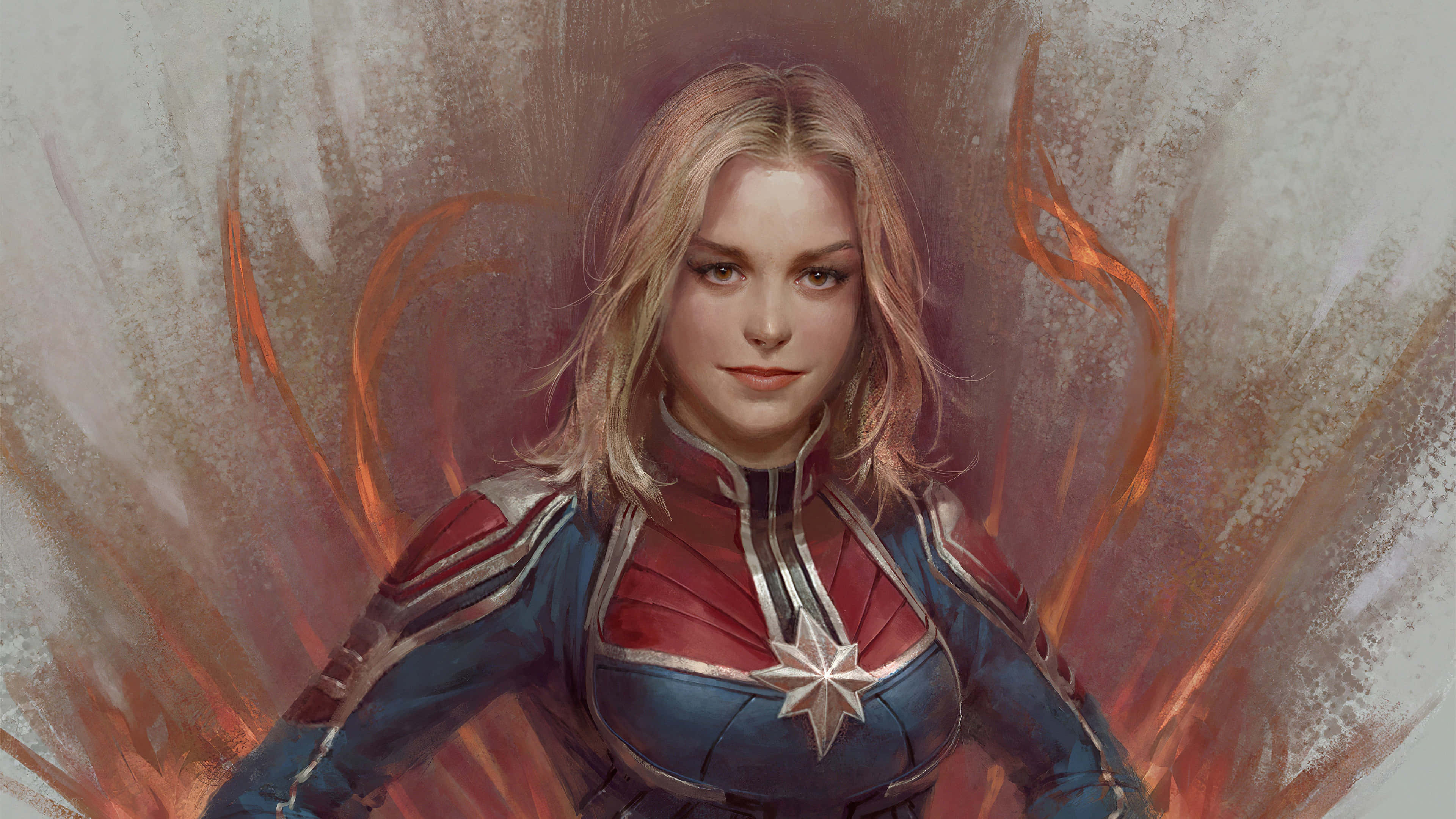 Captain Marvel, red and blue suit, star emblem, 4K Desktop Wallpaper