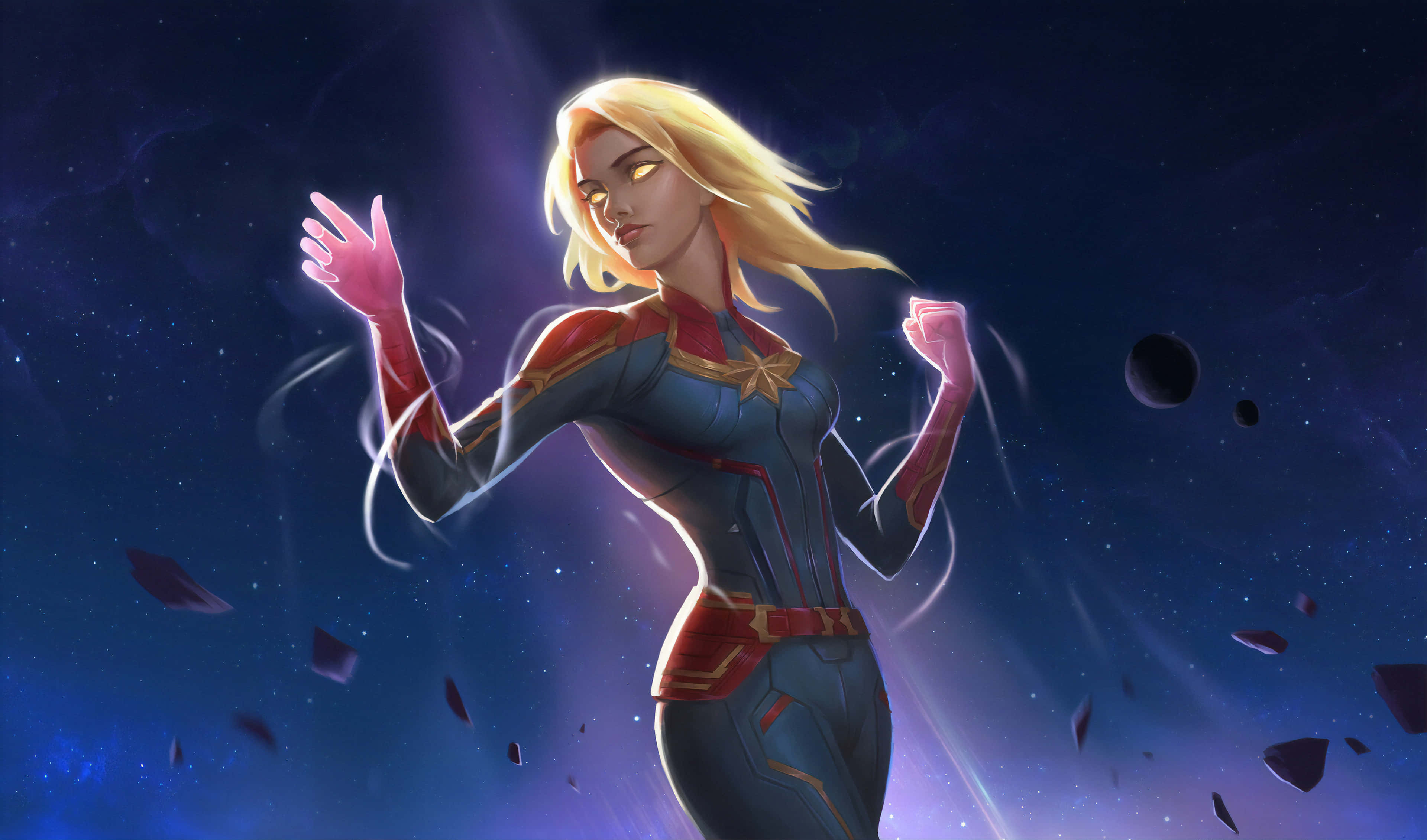 Captain Marvel, cosmic setting, glowing hands, 4K Desktop Wallpaper