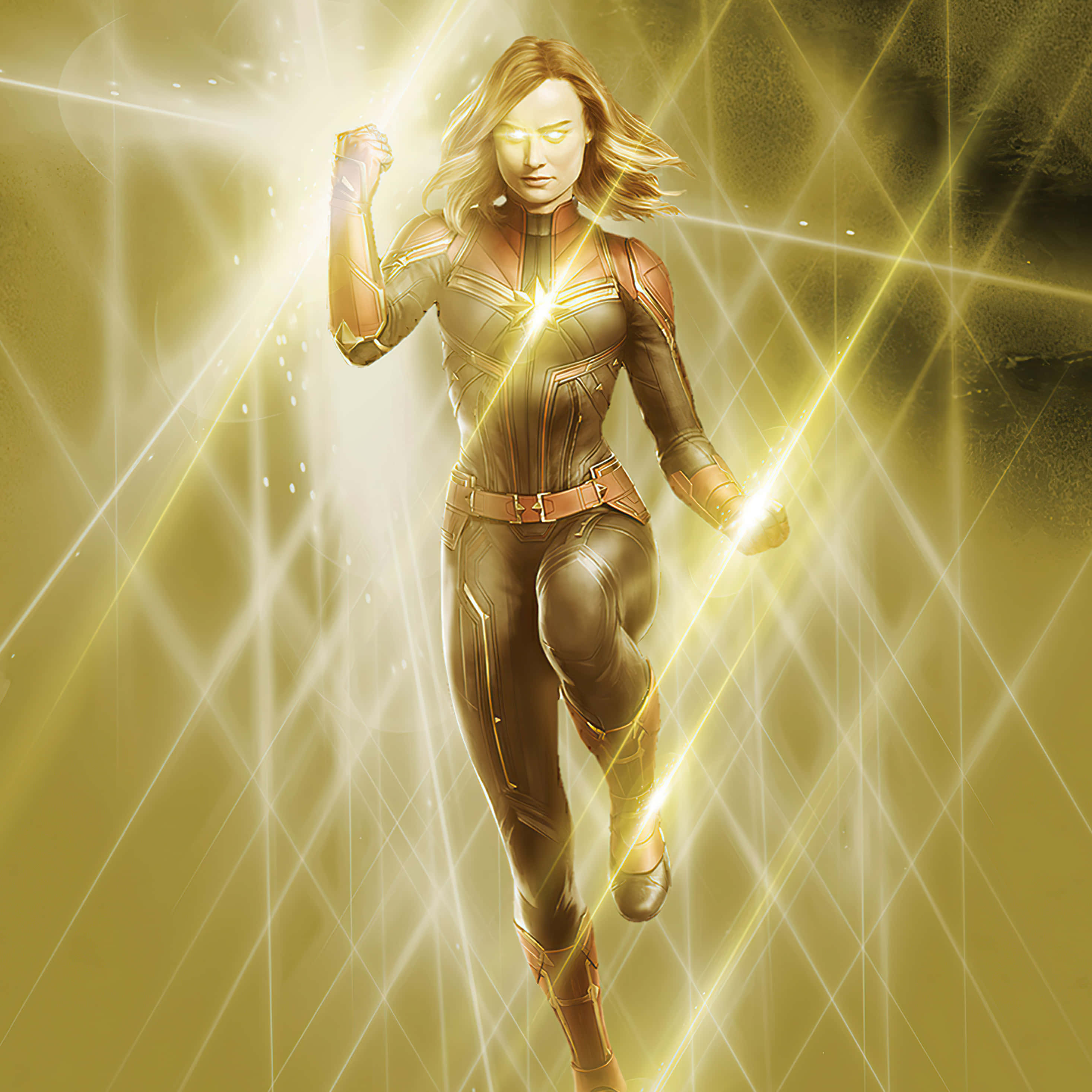 Captain Marvel, iPad, glowing golden suit, 2K Desktop Wallpaper