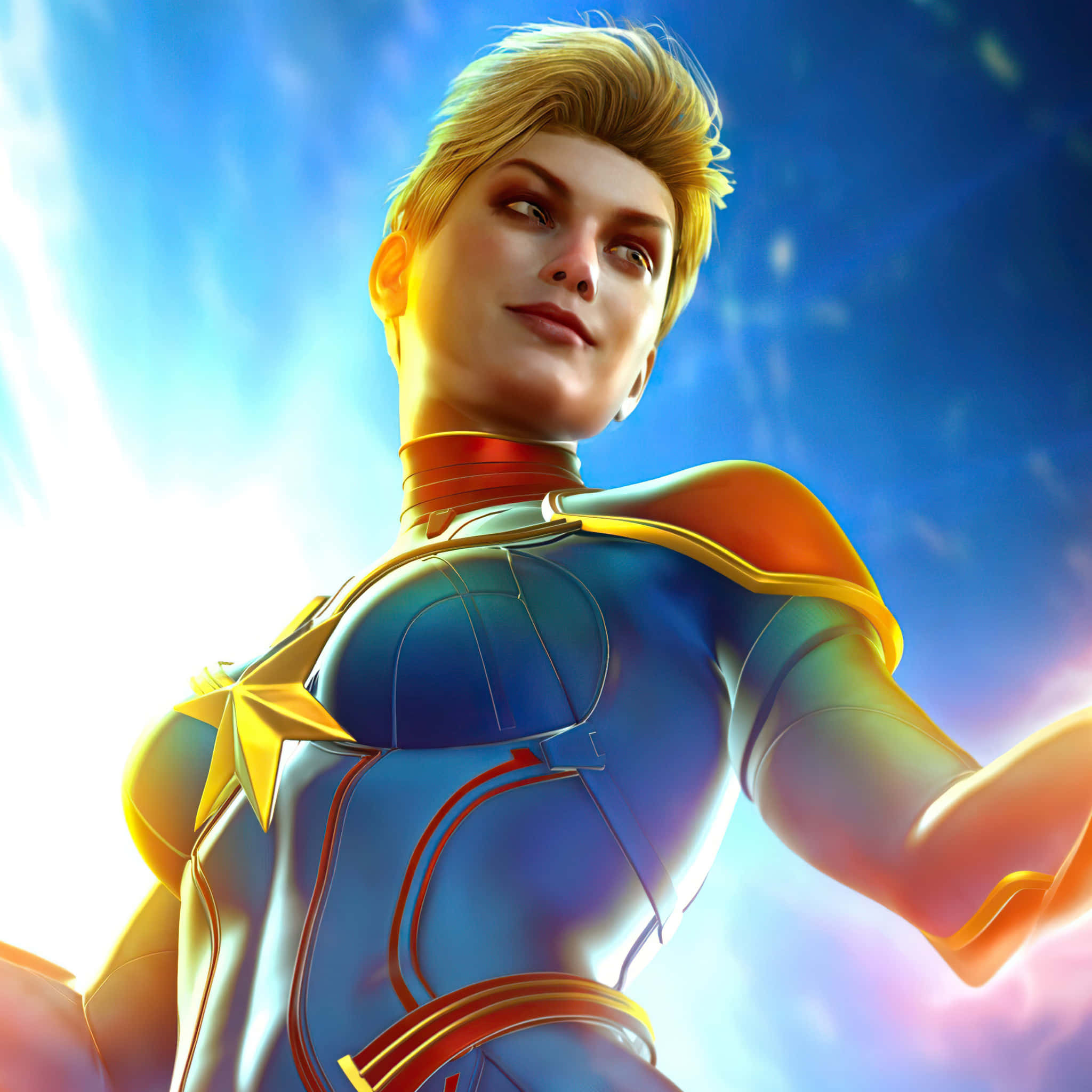 Captain Marvel, blue and gold suit, radiant sky, Full HD Desktop Wallpaper