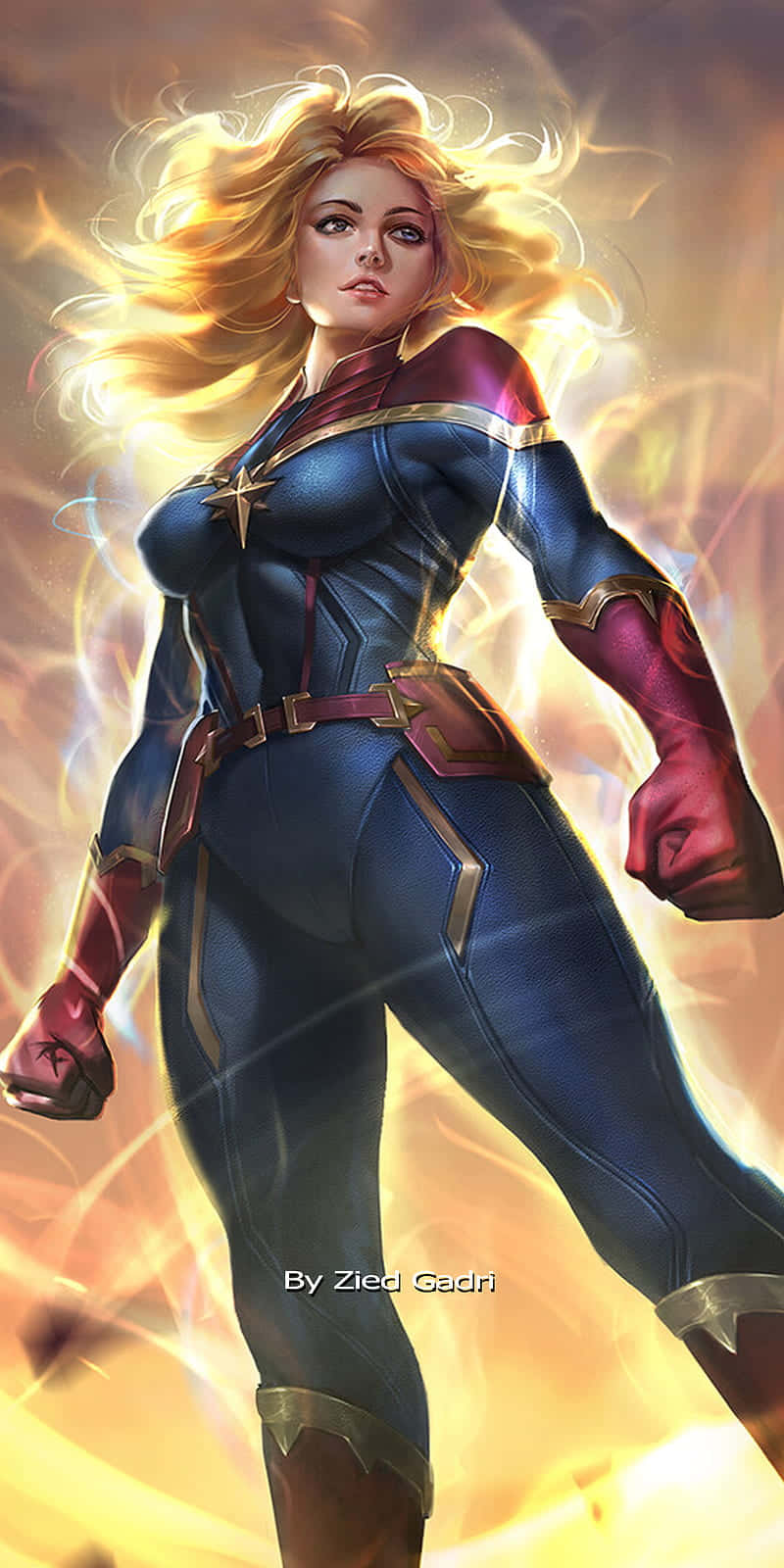 Captain Marvel, iPad, golden energy background, HD Phone Wallpaper