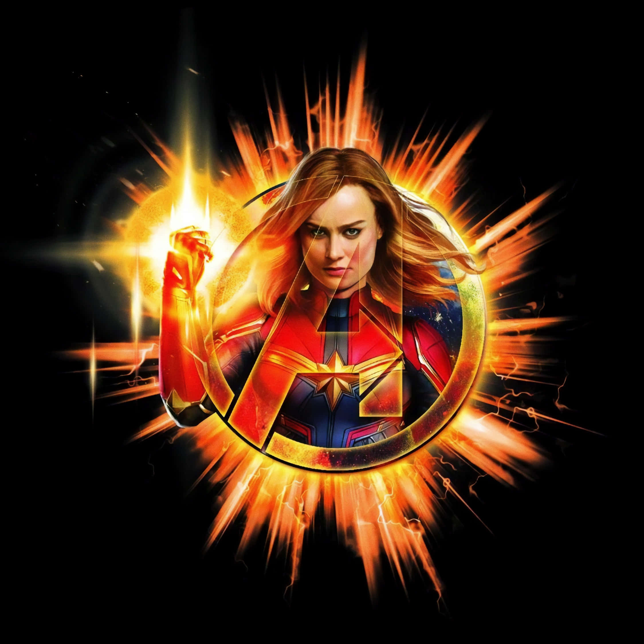 Captain Marvel, red and blue suit, explosive golden energy, Full HD Desktop Wallpaper