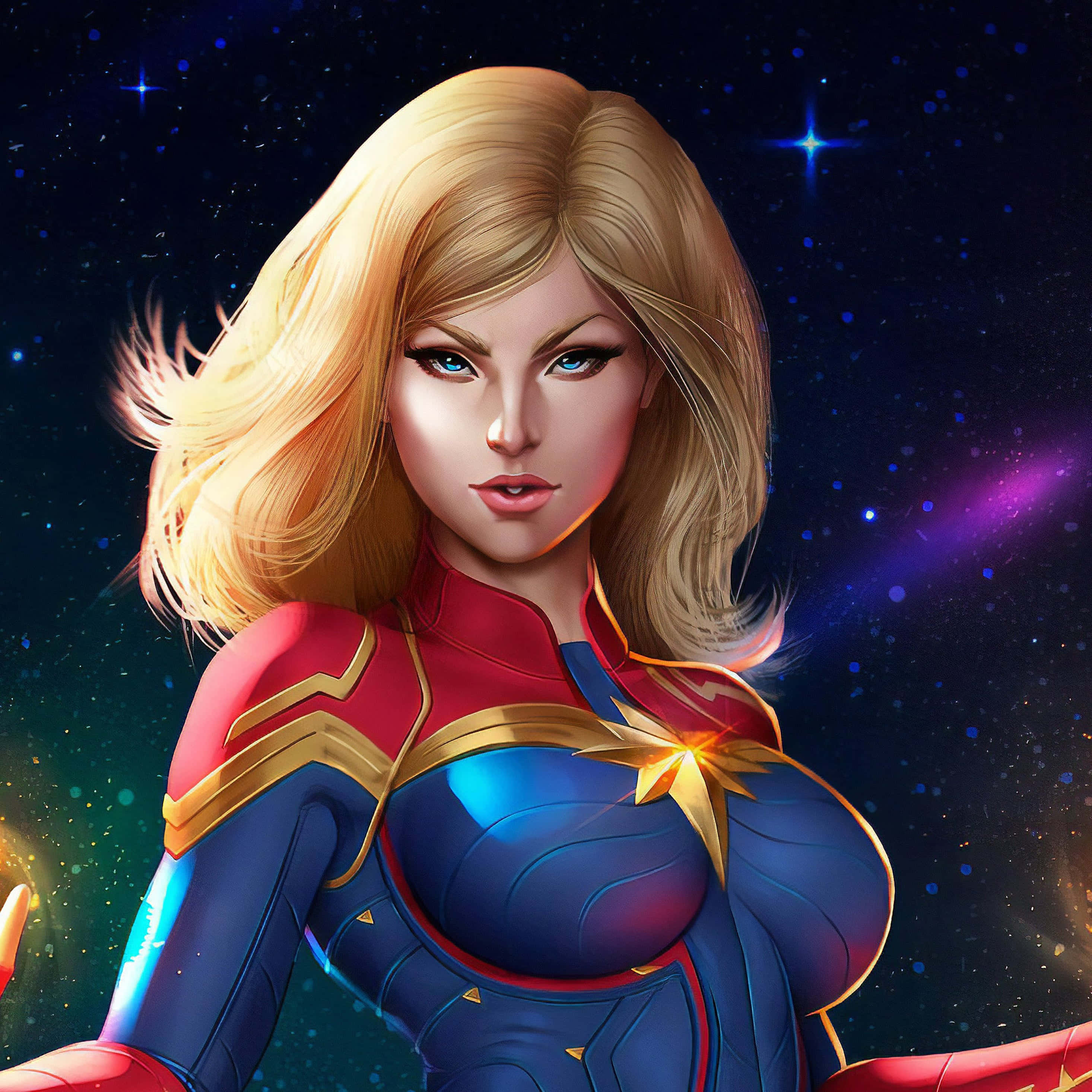 Captain Marvel, red and blue suit, vibrant starfield, 2K Desktop Wallpaper