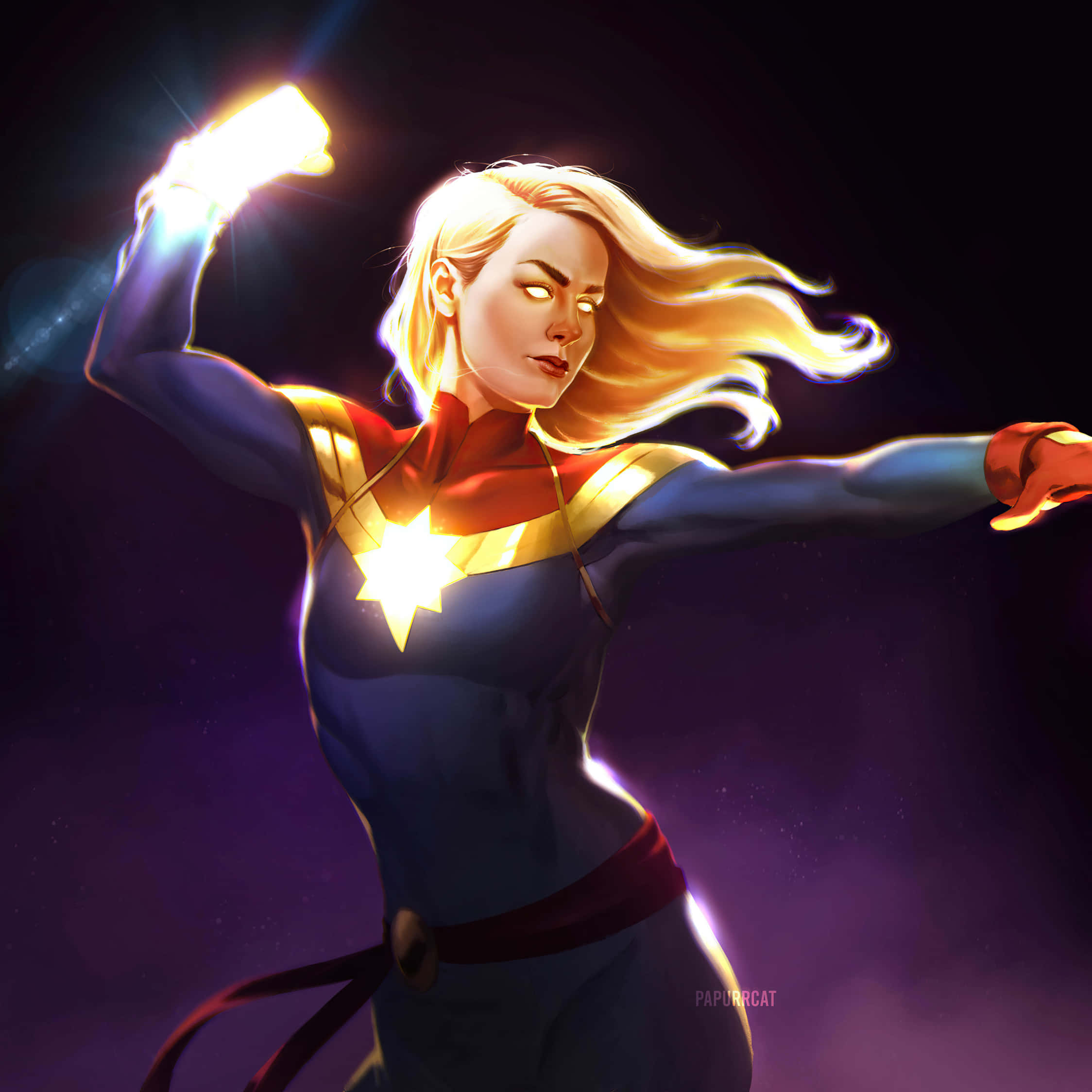Captain Marvel, iPad, cosmic purple background, Full HD Desktop Wallpaper