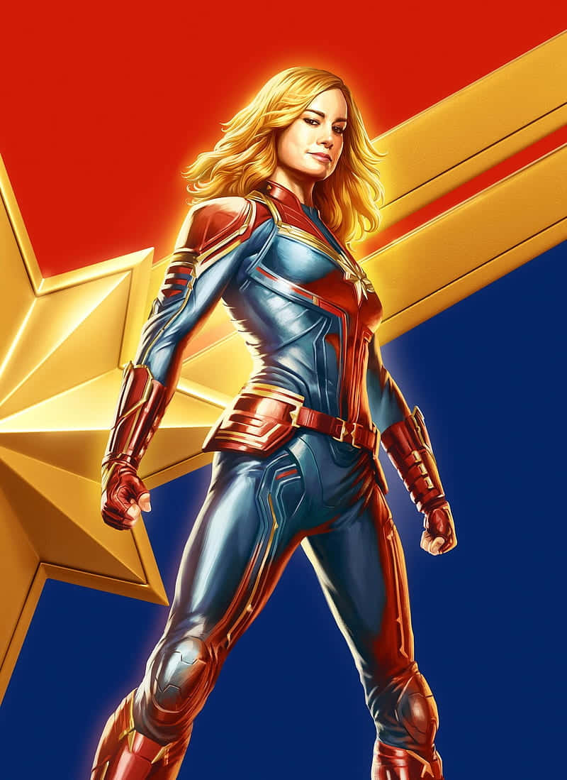 Captain Marvel, blue and red suit, bold red blue and gold star background, SD Phone Wallpaper