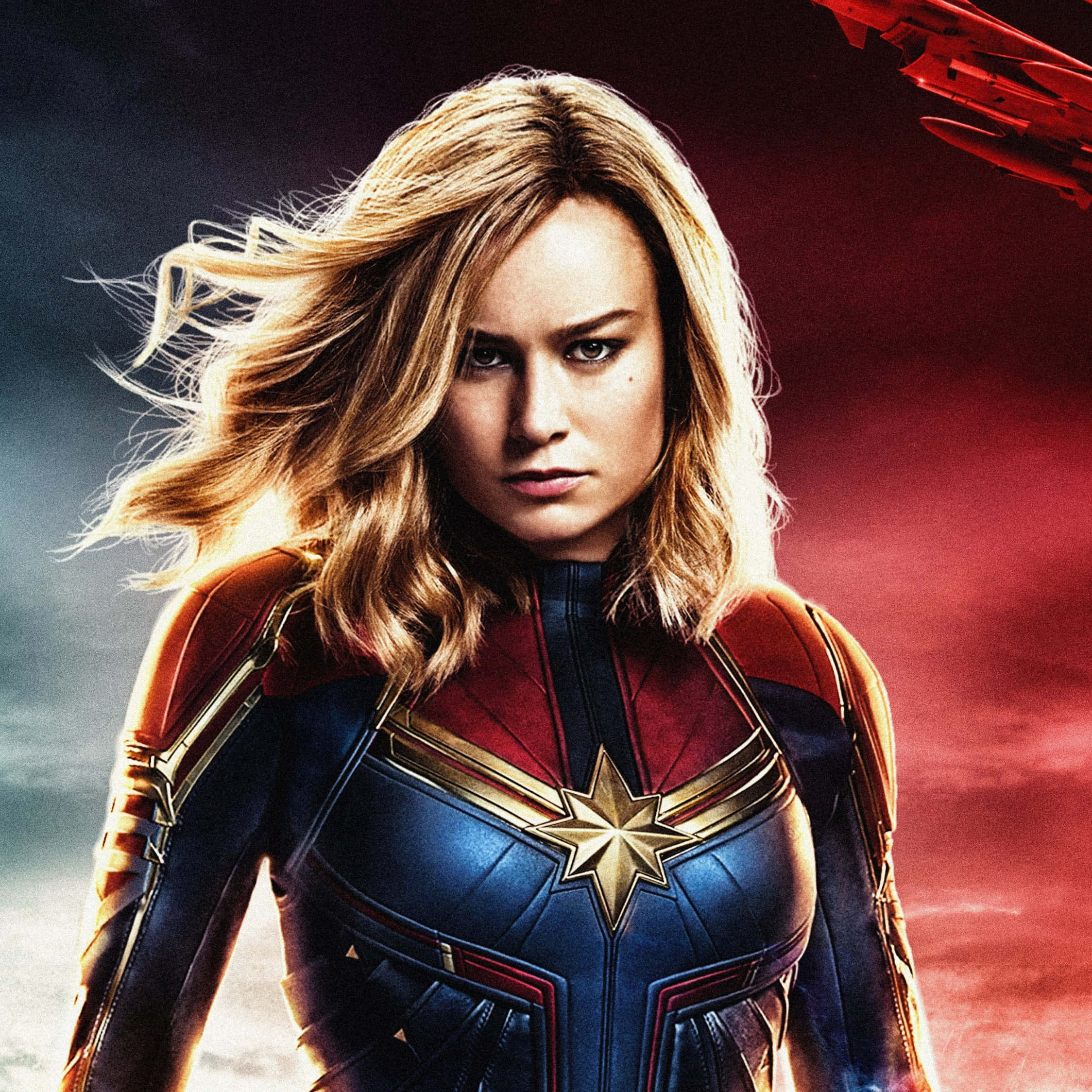 Captain Marvel, iPad, red and blue sky, Full HD Desktop Wallpaper