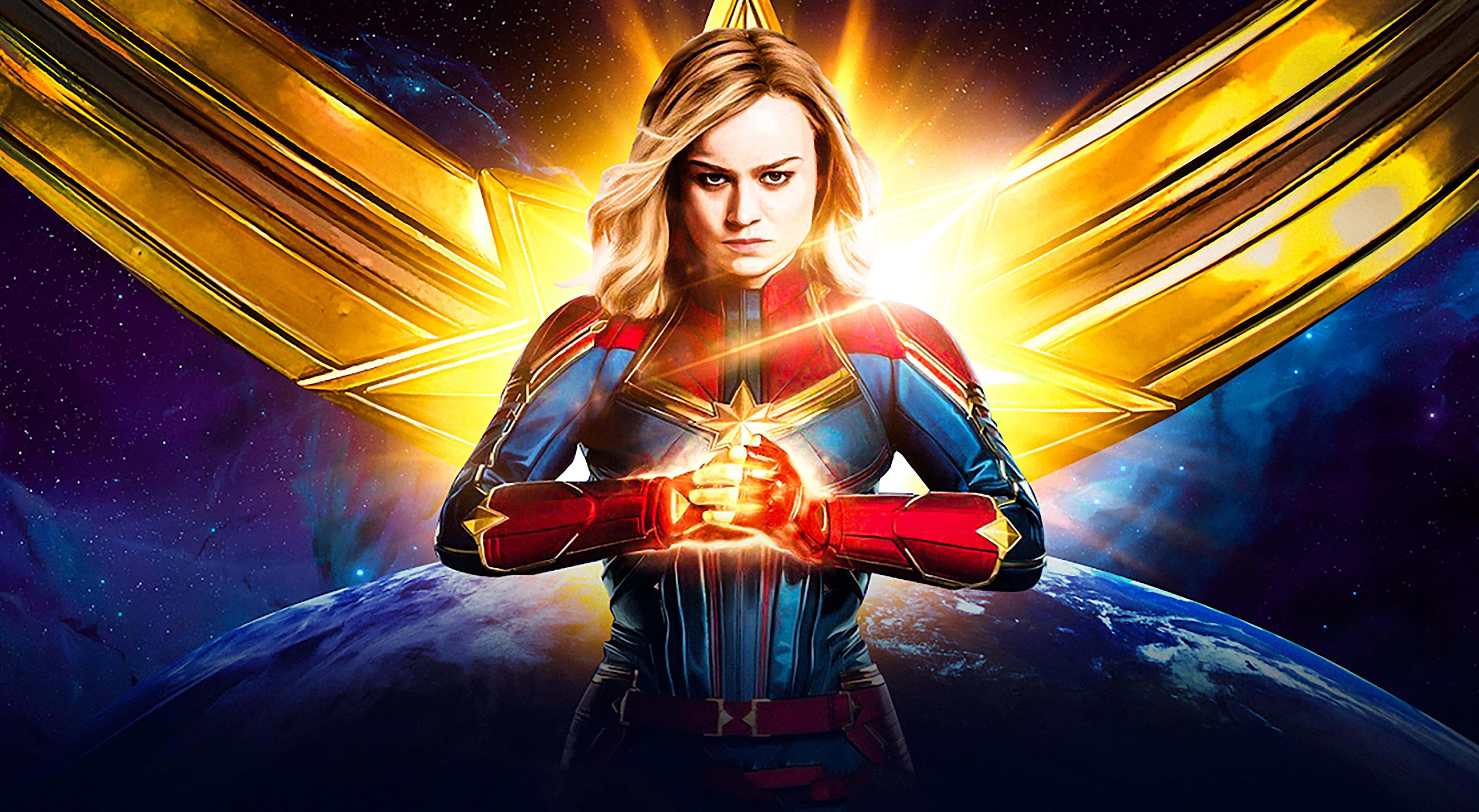 Captain Marvel, iPad, cosmic backdrop, 5K Desktop Wallpaper