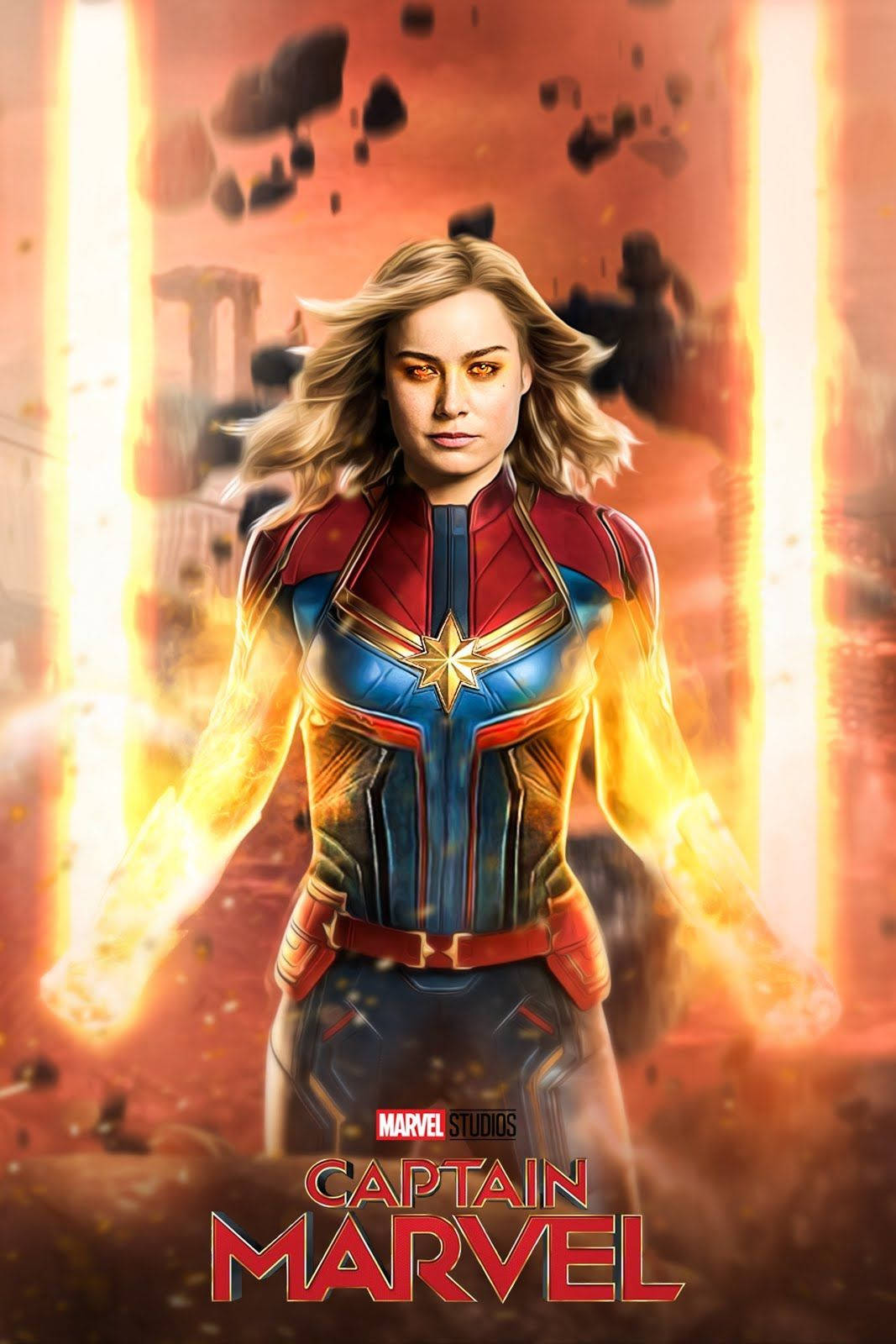 Captain Marvel, fiery cosmic battlefield, glowing energy beams, HD Phone Wallpaper