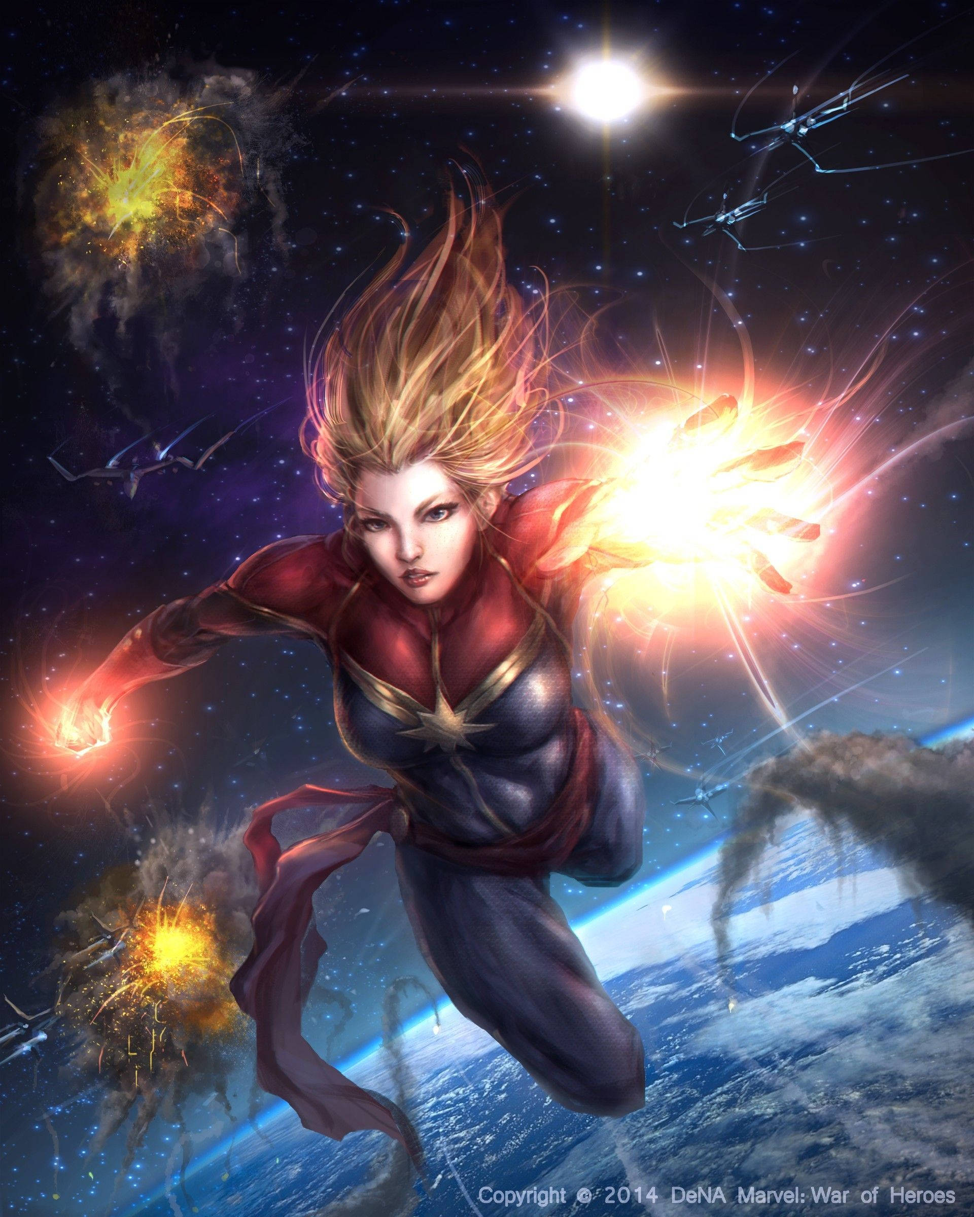 Captain Marvel, space, energy blasts, Full HD Phone Wallpaper