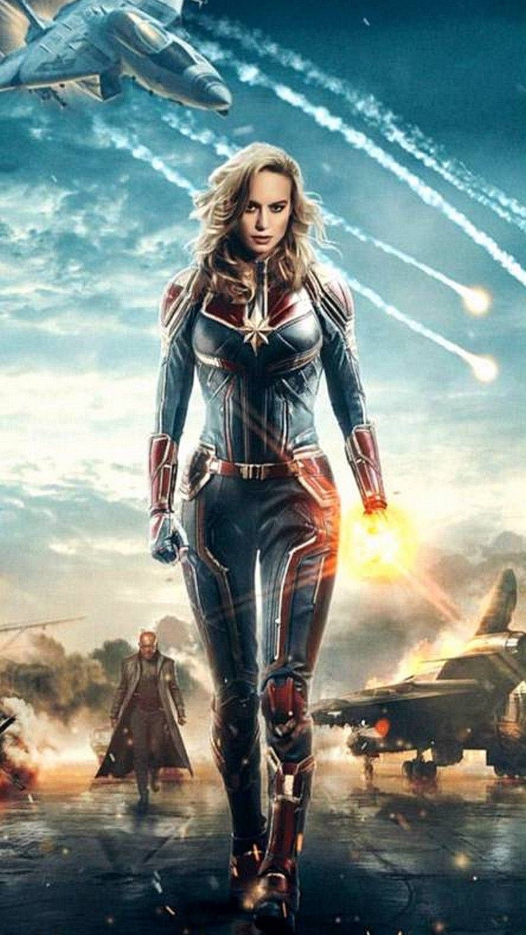 Captain Marvel, star-spangled suit, fighter jets, Full HD Phone Wallpaper