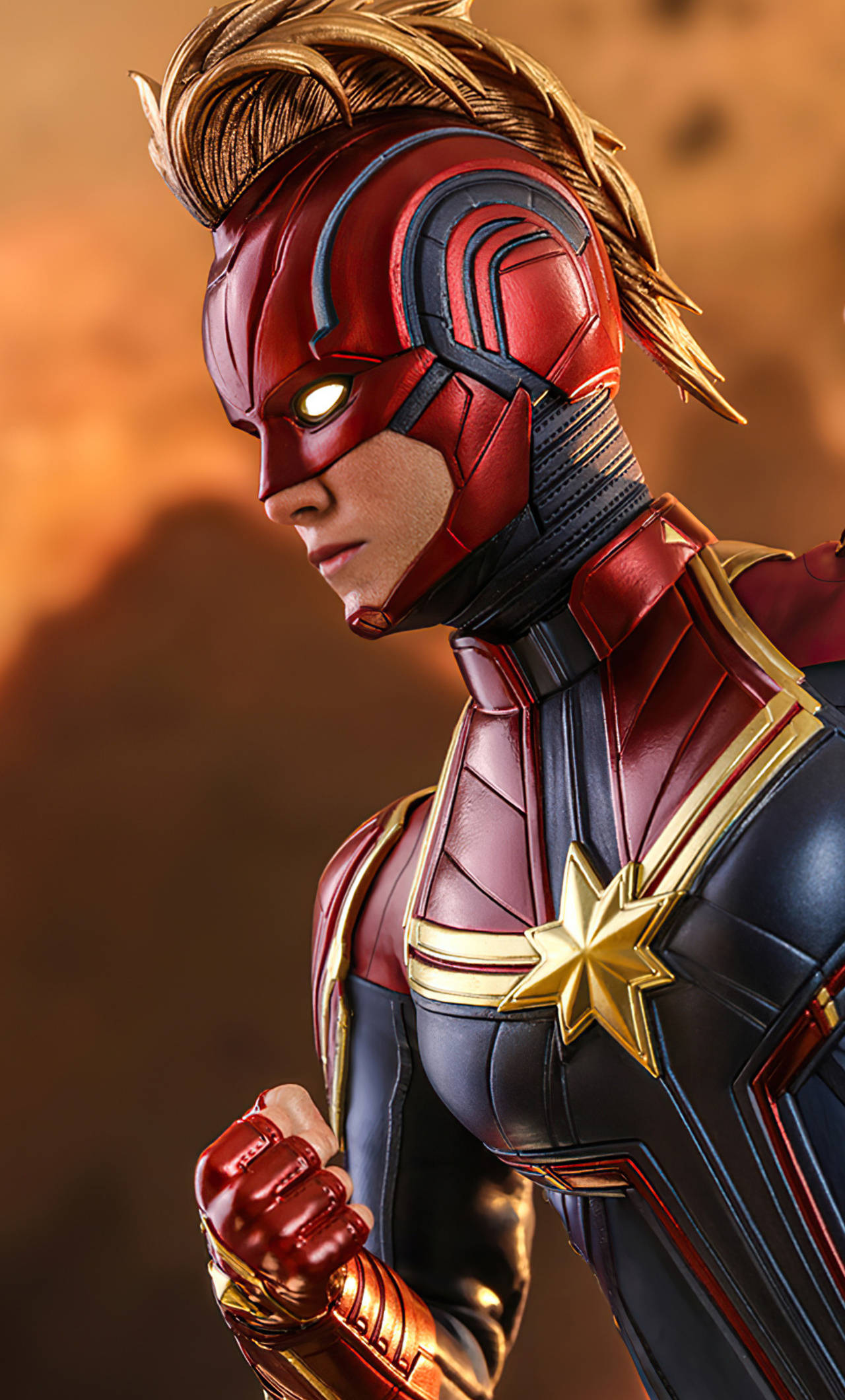 Captain Marvel, red gold and blue suit, glowing eye, Full HD Phone Wallpaper