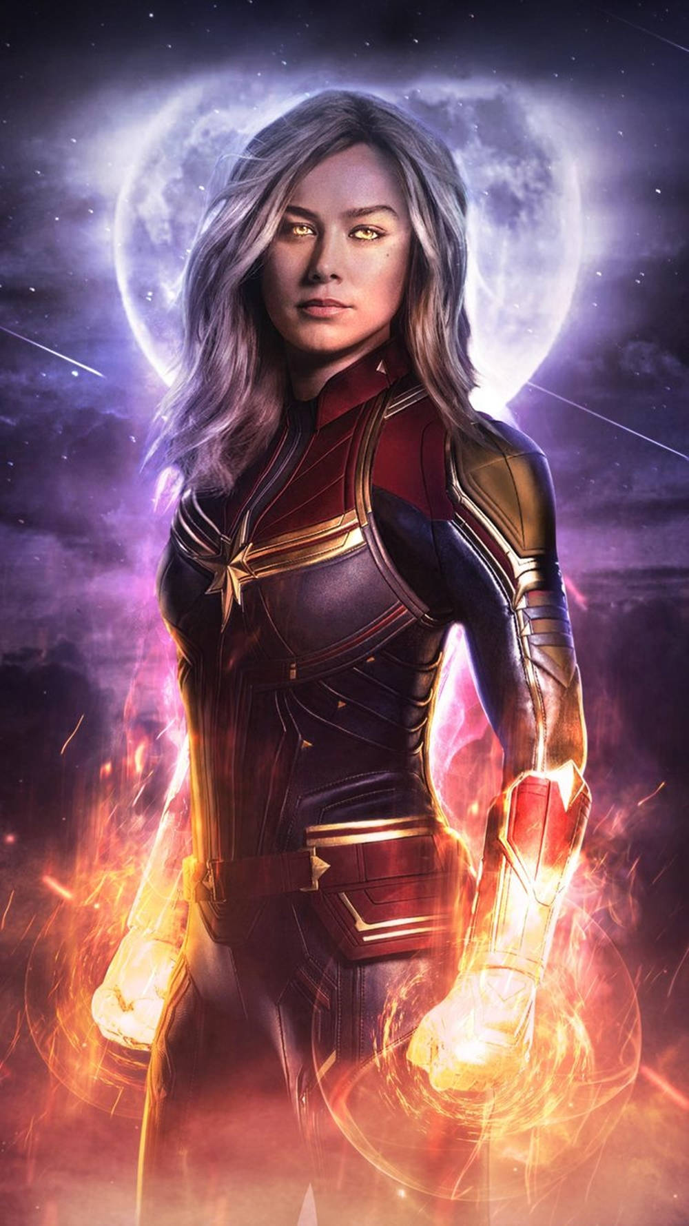 Captain Marvel, cosmic backdrop, glowing moon, HD Phone Wallpaper