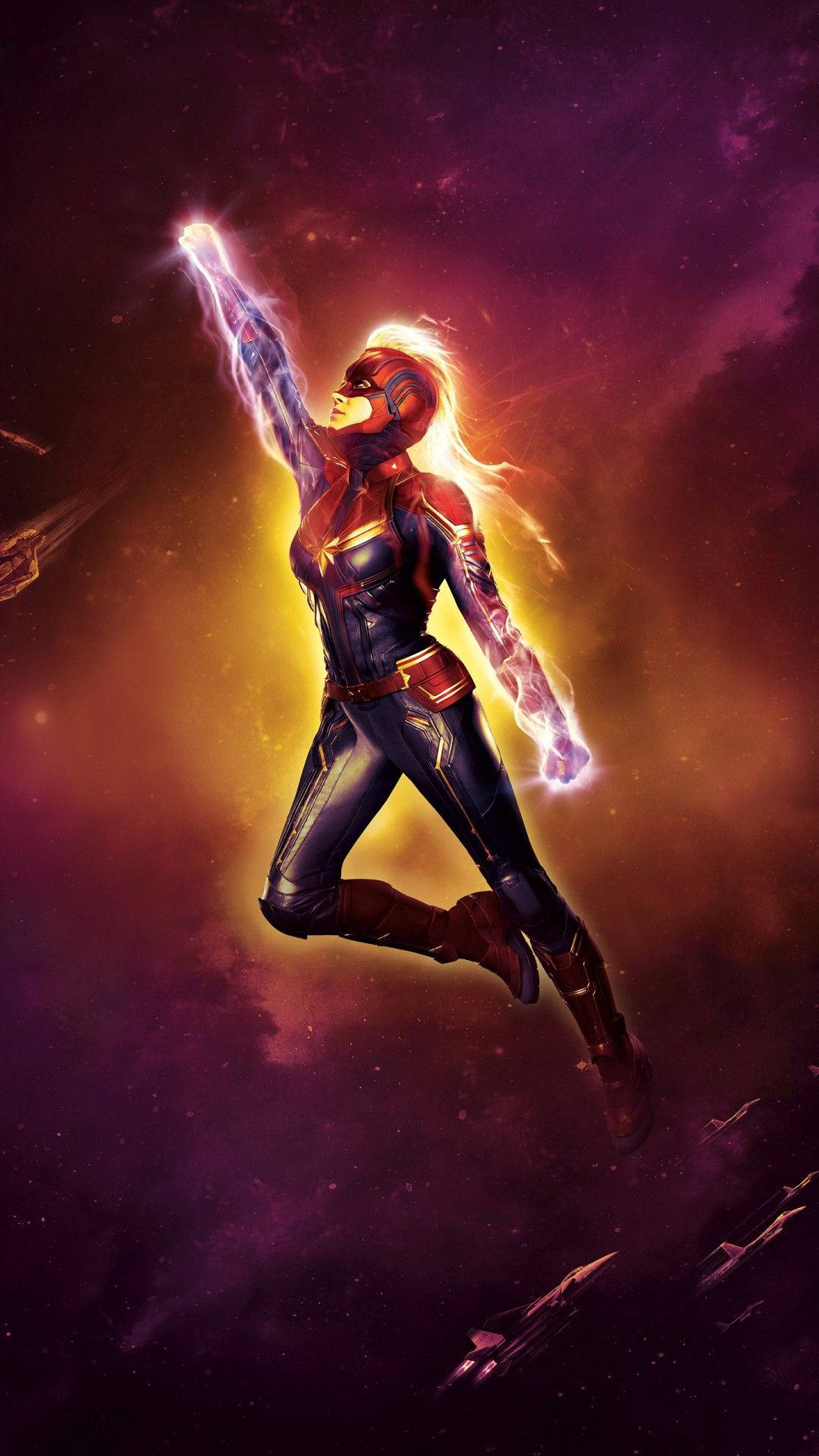Captain Marvel, cosmic nebula, glowing energy, Full HD Phone Wallpaper