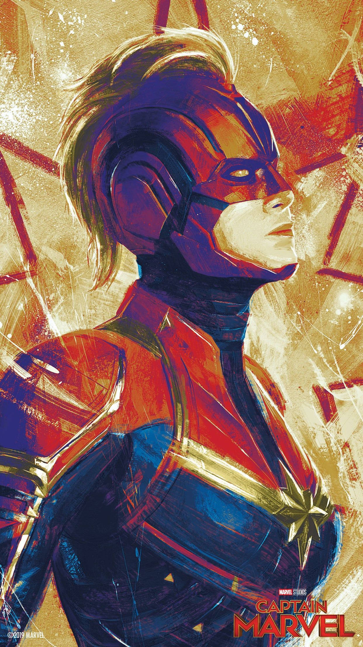 Captain Marvel, red blue and gold armor, textured golden background, Full HD Phone Wallpaper