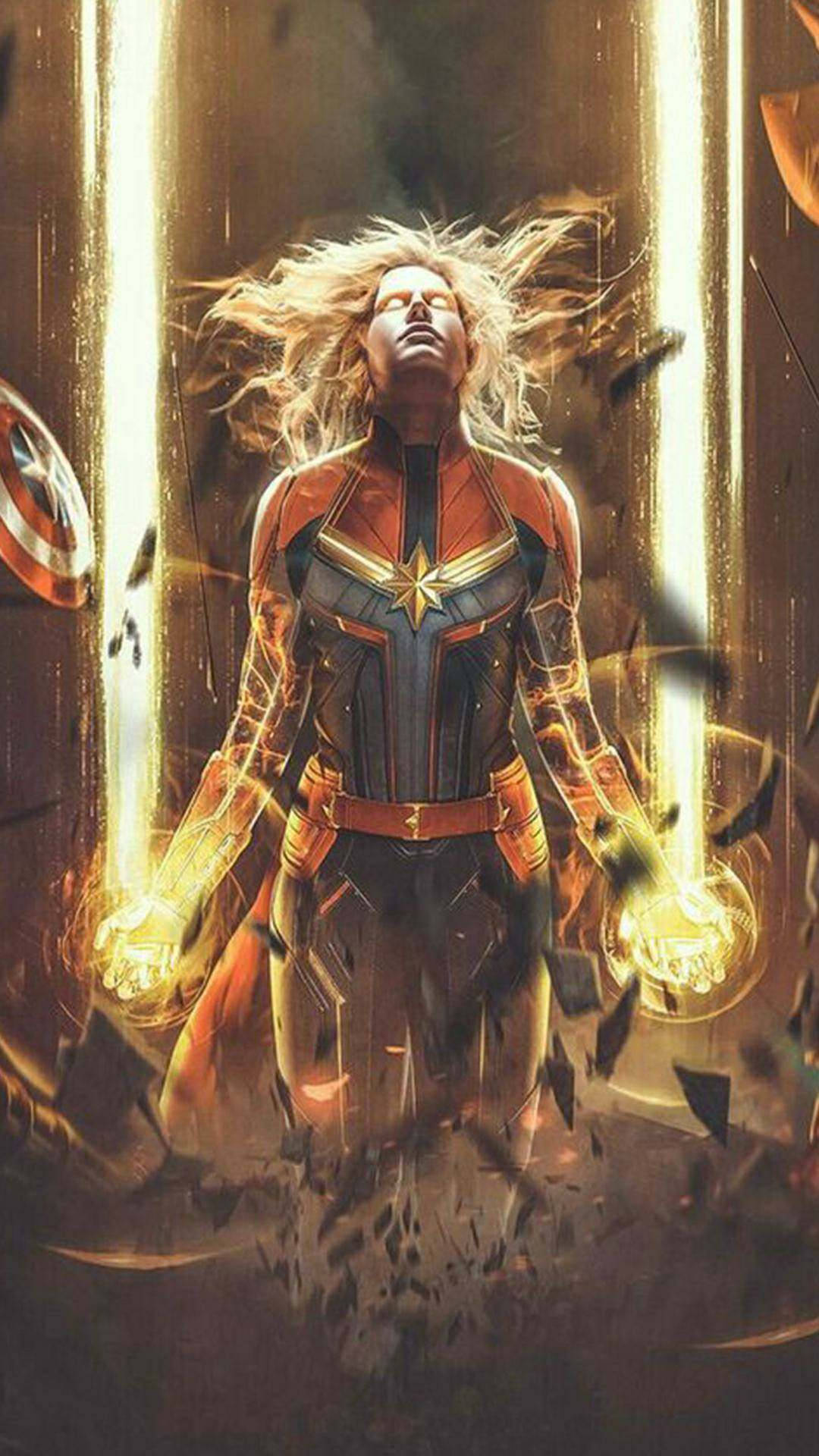 Captain Marvel, golden energy beams, hair flying, Full HD Phone Wallpaper