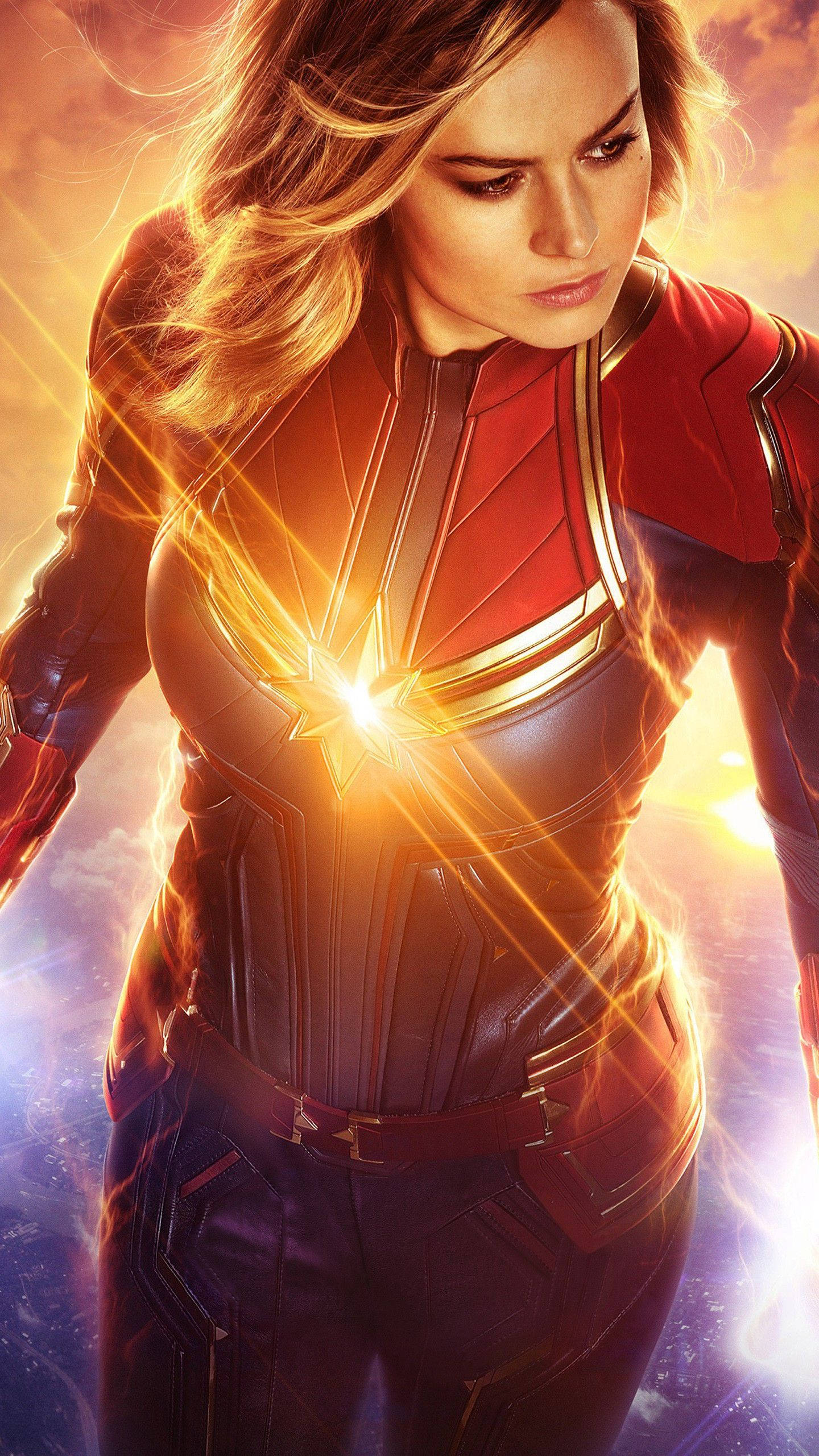 Captain Marvel, red and blue suit, starburst, 2K Phone Wallpaper