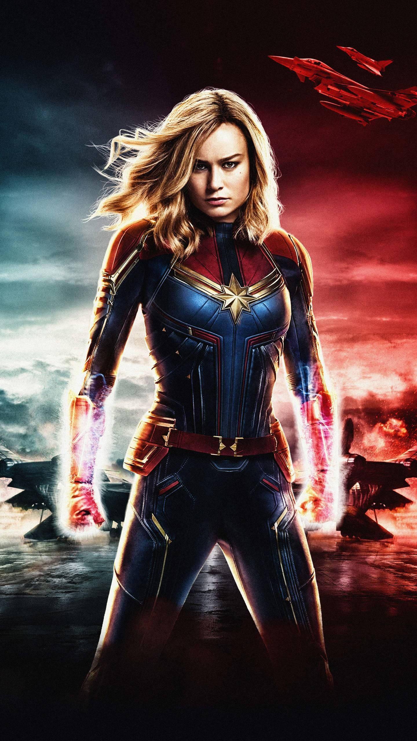 Captain Marvel, iPhone, glowing energy fists, 2K Phone Wallpaper