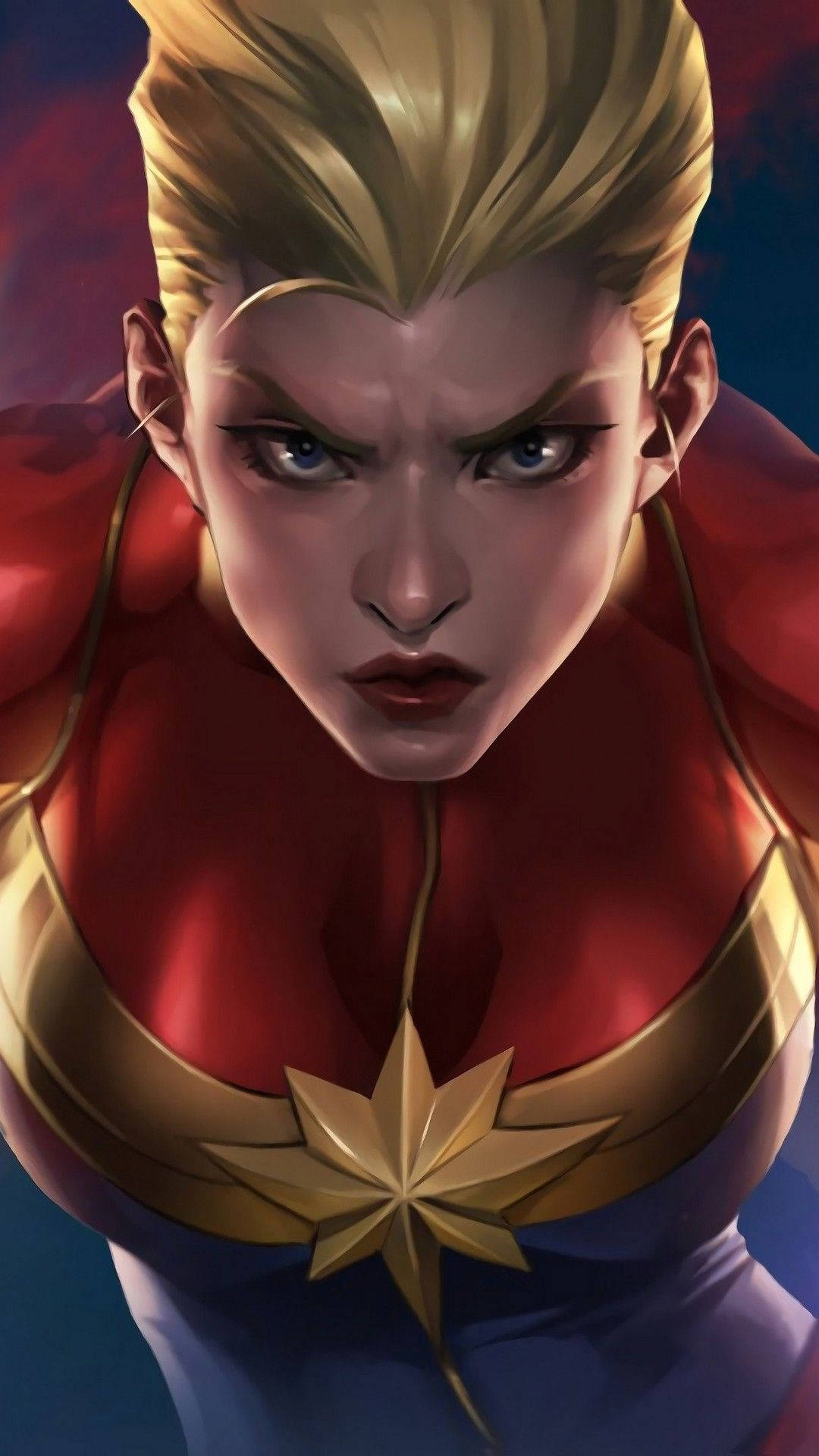Captain Marvel, blonde hair, red gold star emblem, Full HD Phone Wallpaper