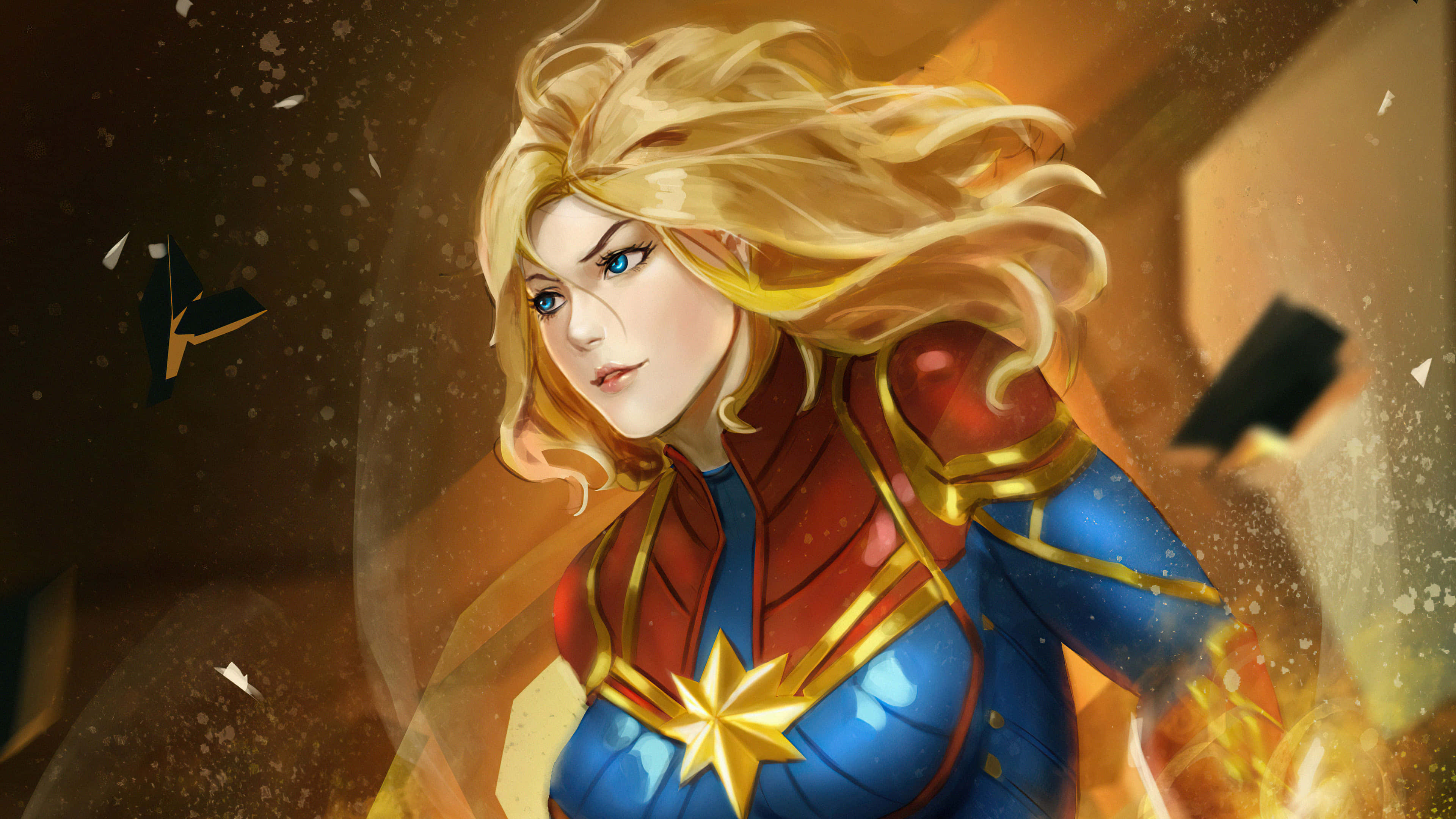 Captain Marvel, blue and red suit, star-adorned, 4K Desktop Wallpaper