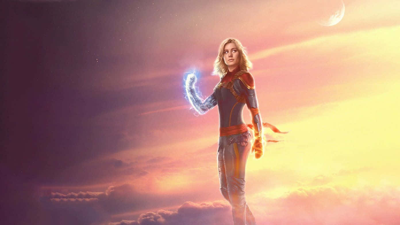Captain Marvel, vibrant sunset sky, glowing energy, HD Desktop Wallpaper