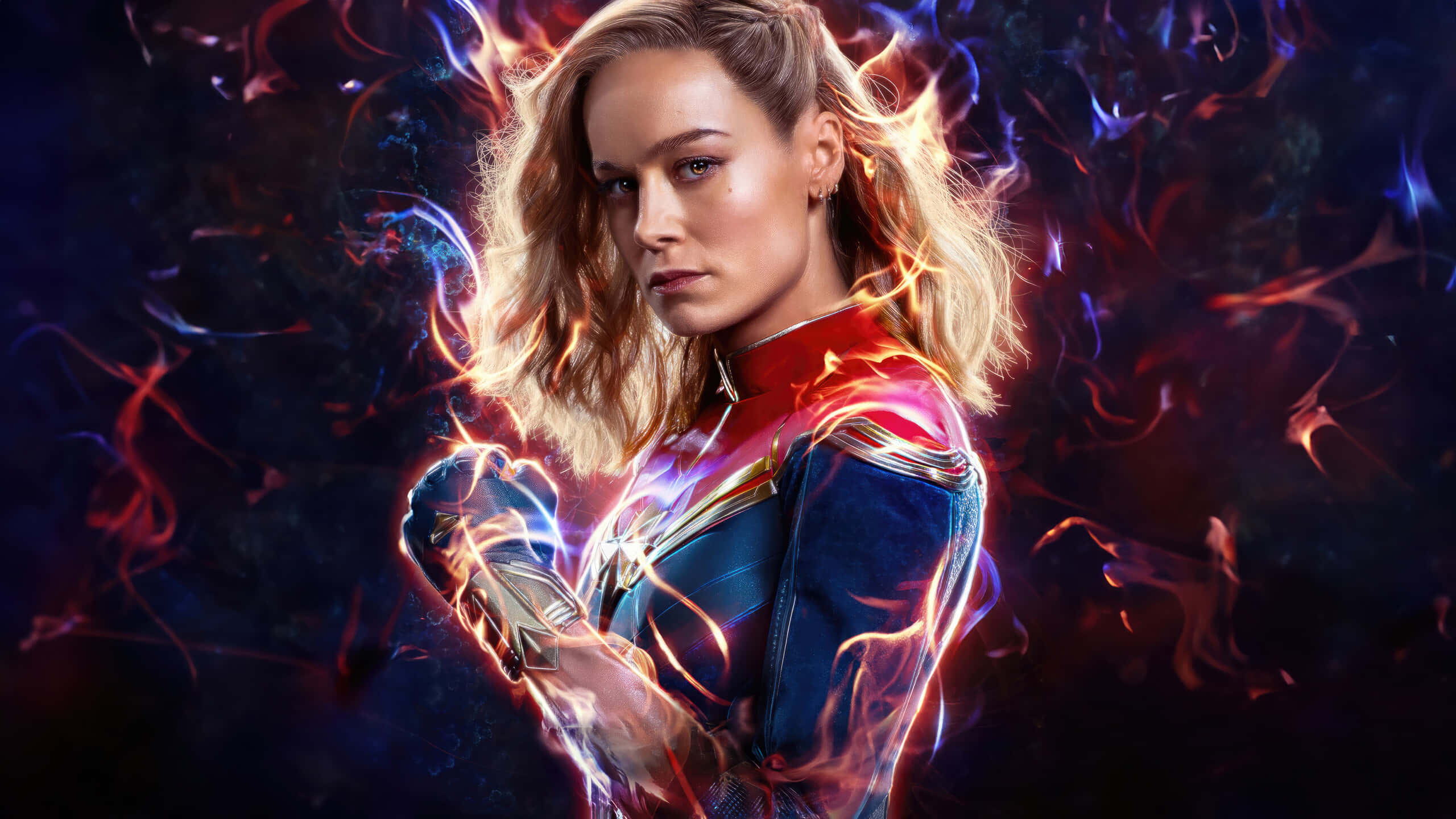 Captain Marvel, electric red and blue energy, cosmic storm, 2K Desktop Wallpaper