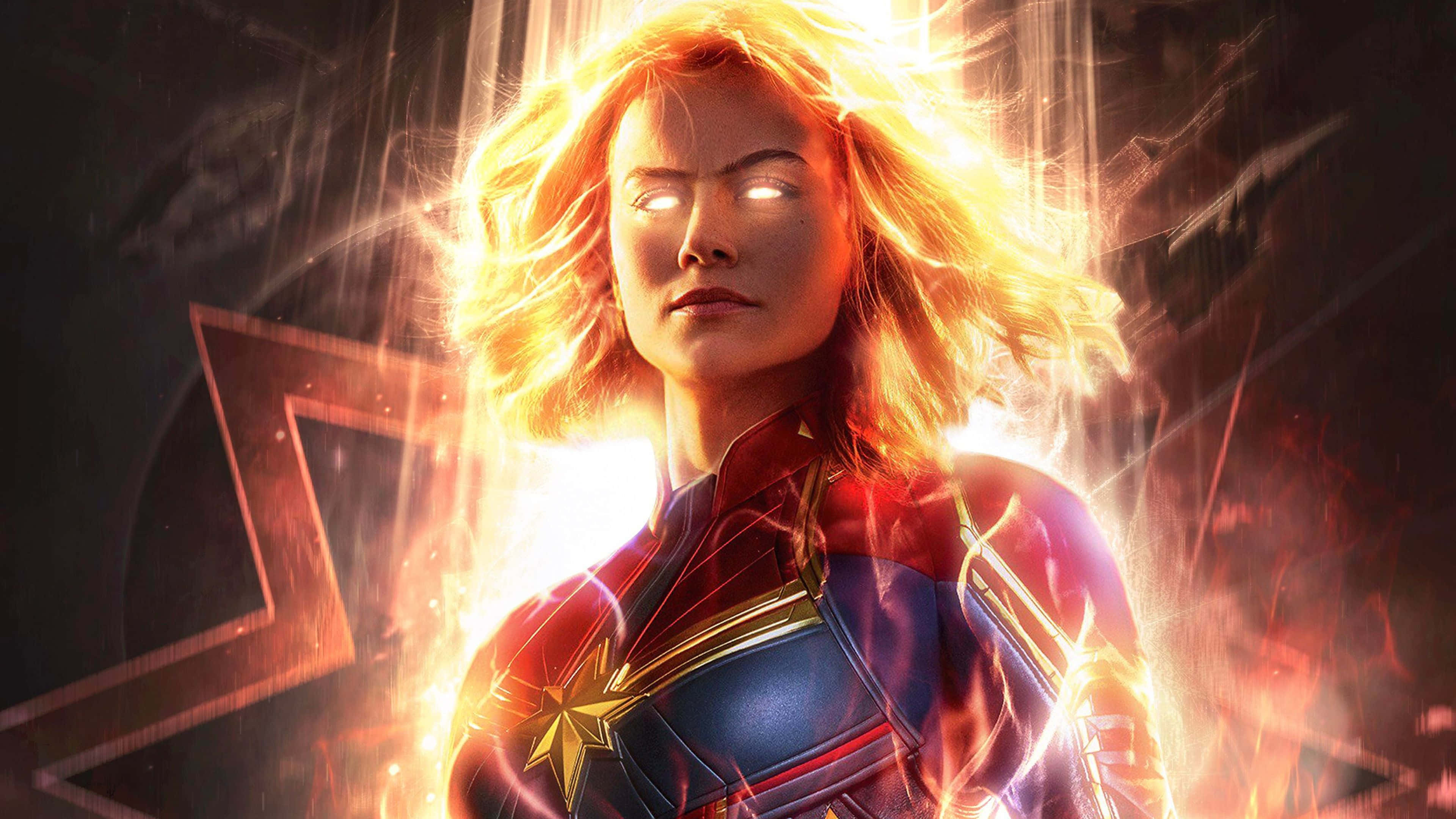 Captain Marvel, golden energy, glowing eyes, 4K Desktop Wallpaper