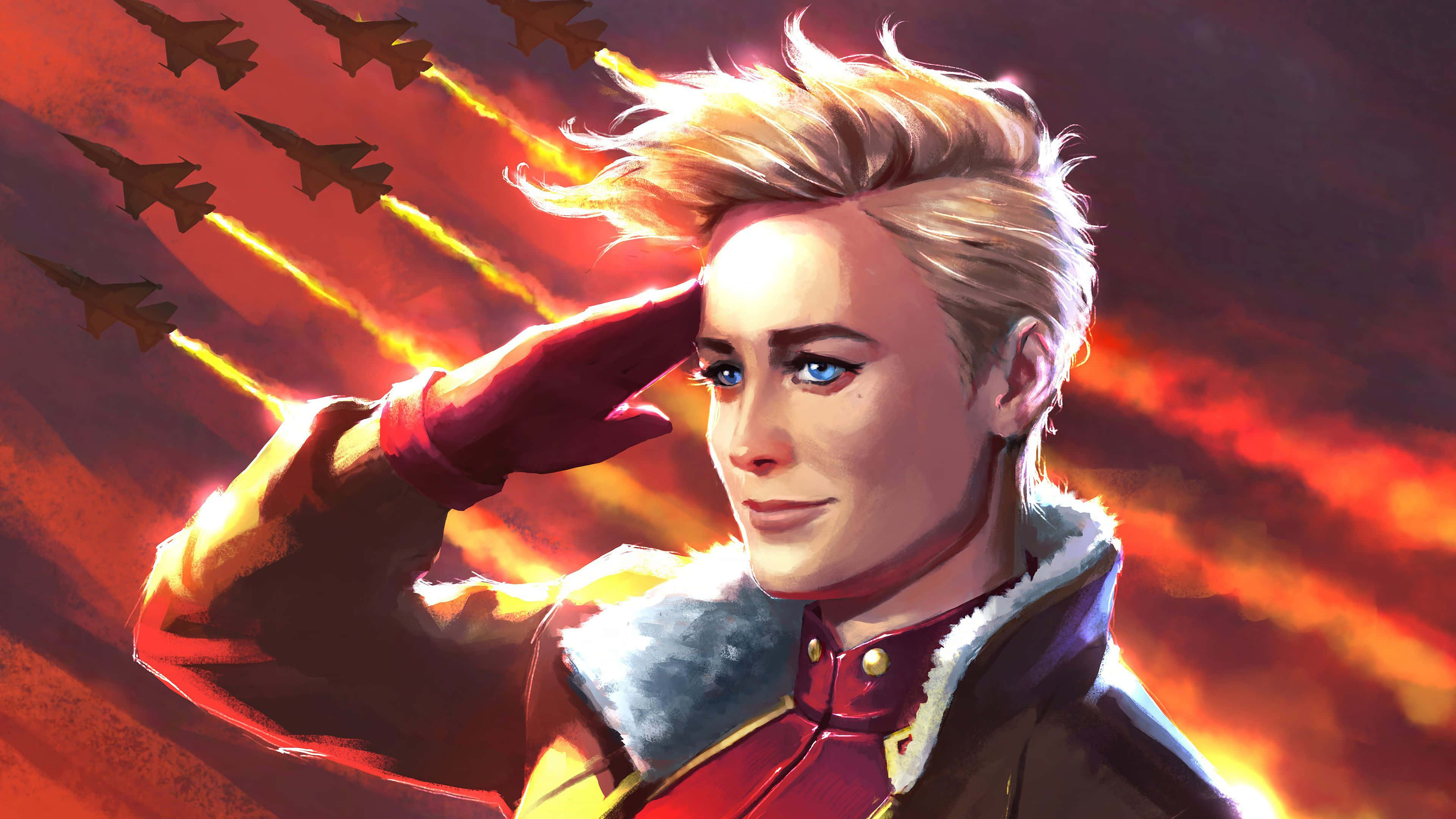 Captain Marvel, fiery sunset, fighter jets, 4K Desktop Wallpaper