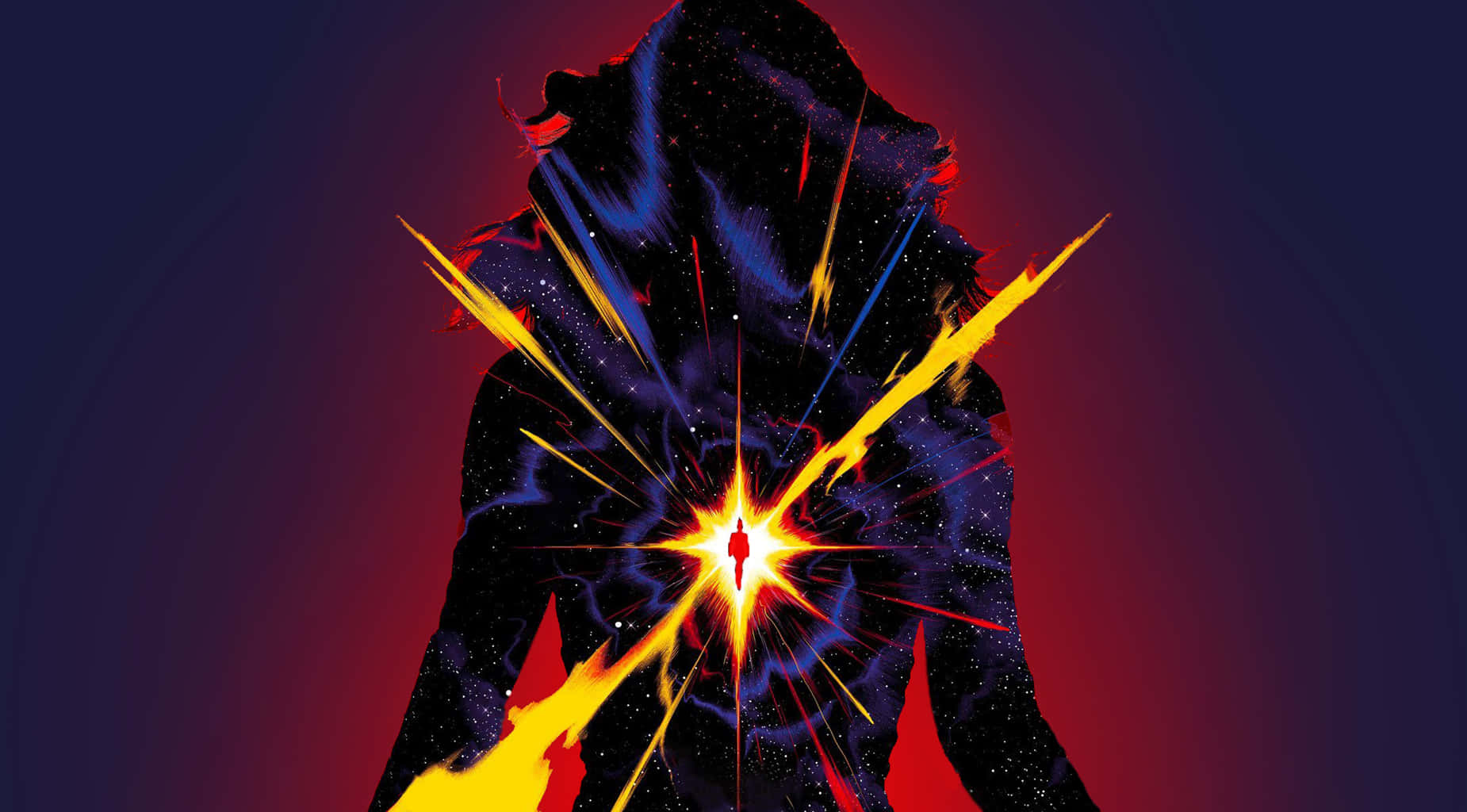 Captain Marvel, starfield, radiant yellow beams, HD Desktop Wallpaper
