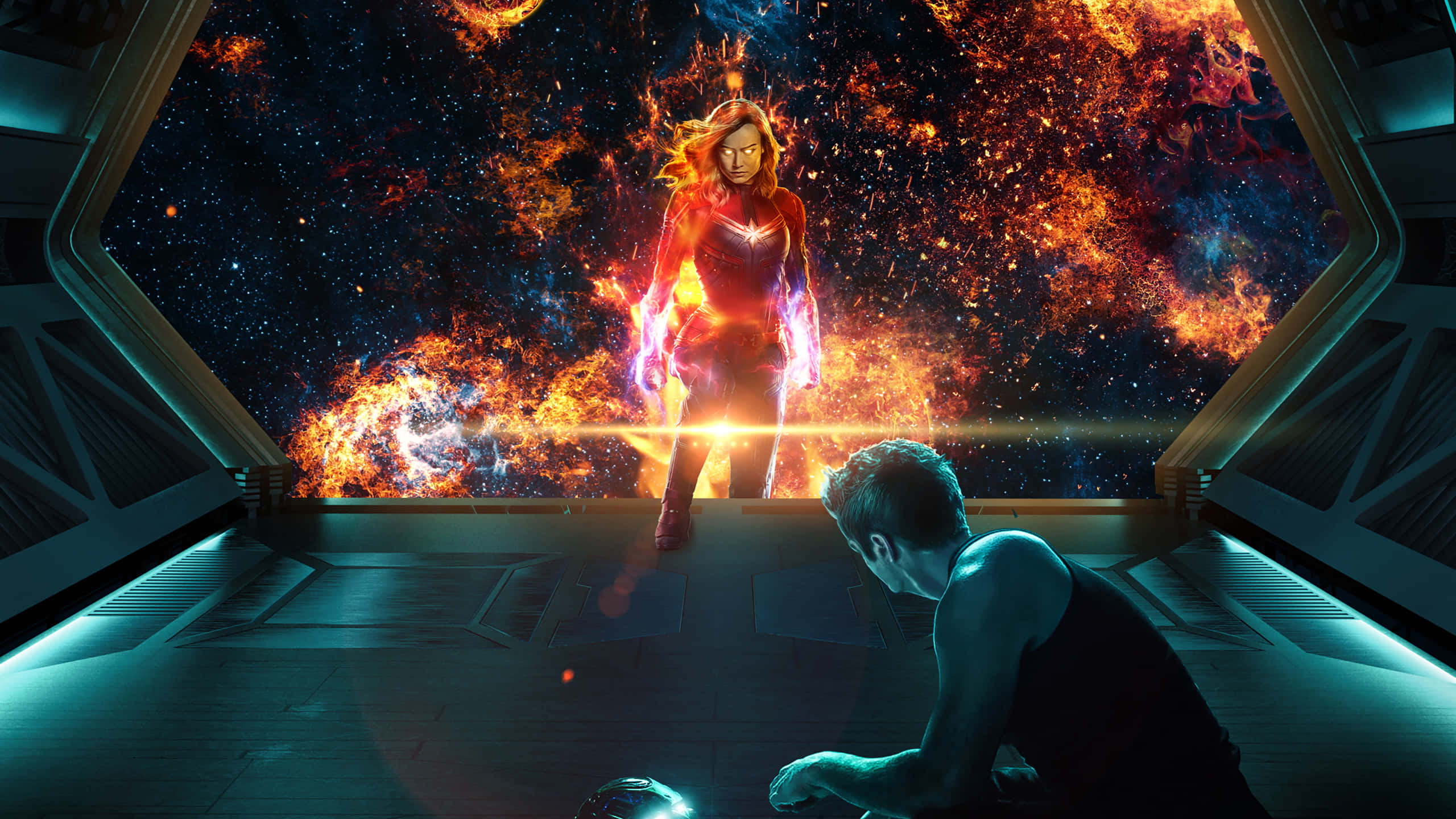 Captain Marvel, cosmic storm, futuristic spaceship, 2K Desktop Wallpaper