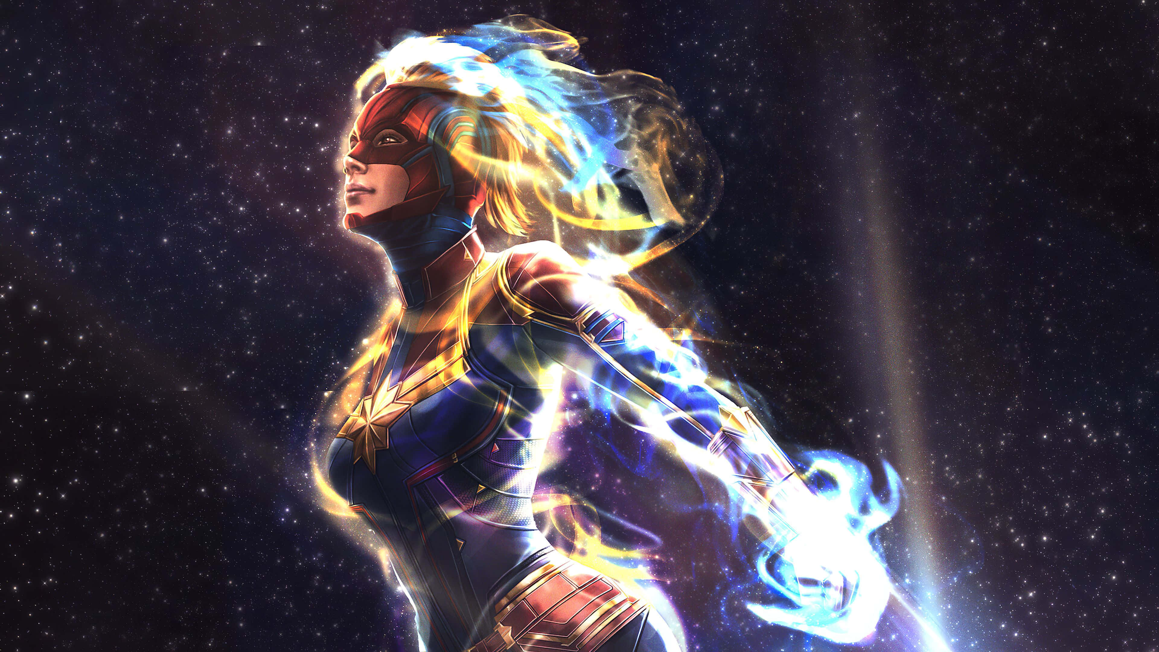 Captain Marvel, blue and gold energy, starry cosmic backdrop, 4K Desktop Wallpaper