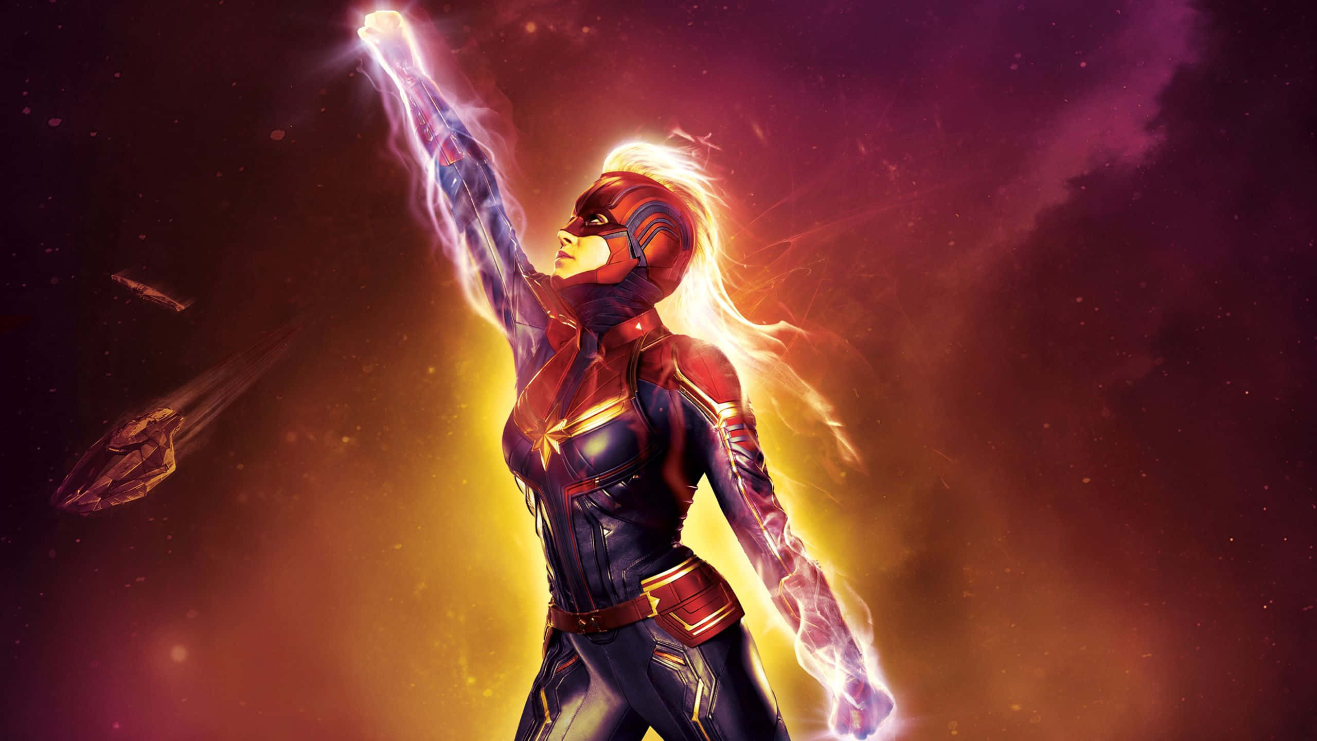 Captain Marvel, space, glowing energy, 2K Desktop Wallpaper