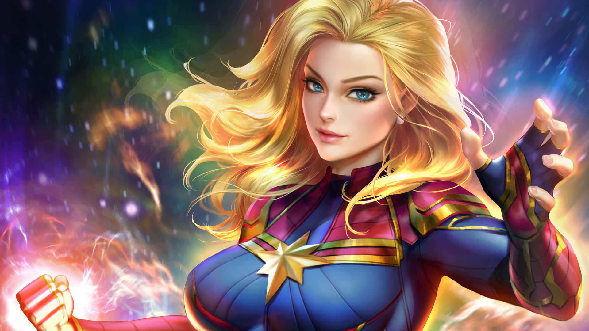 Captain Marvel, cosmic storm, glowing fists, Full HD Desktop Wallpaper