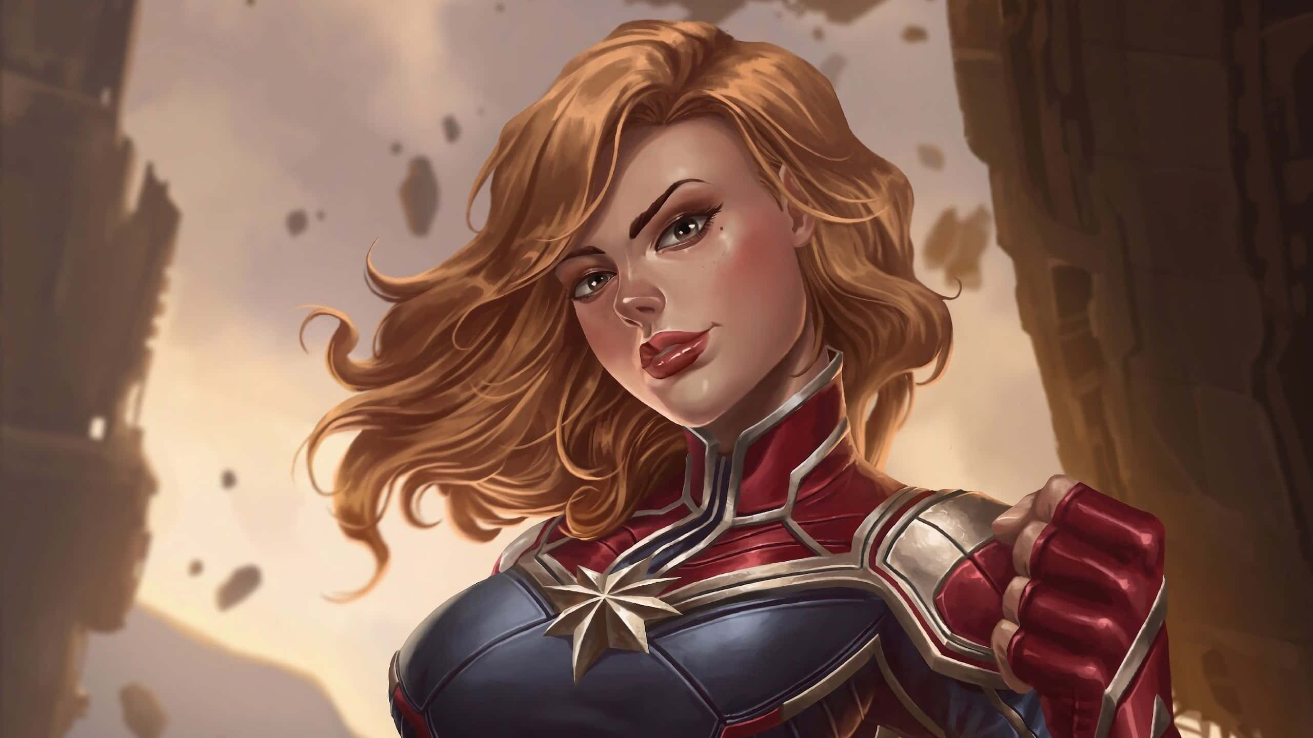 Captain Marvel, red blue and gold suit, crumbling stone ruins, 2K Desktop Wallpaper