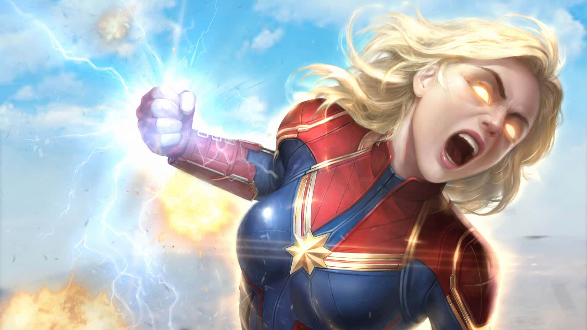 Captain Marvel, glowing fists, lightning, Full HD Desktop Wallpaper