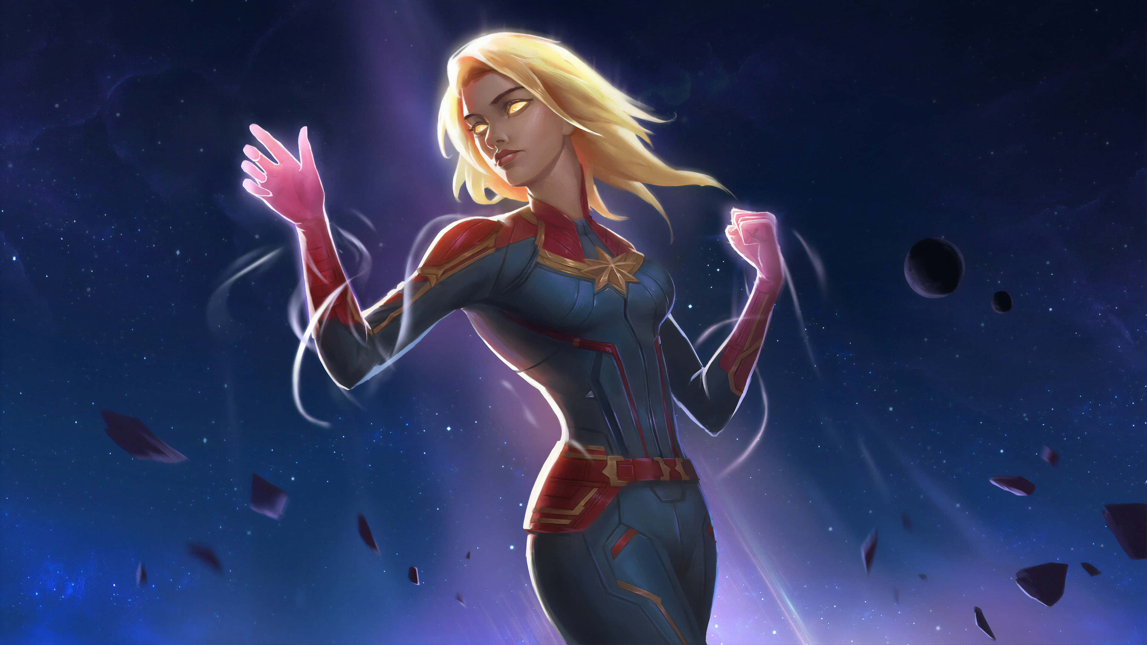 Captain Marvel, space, glowing hands, 4K Desktop Wallpaper