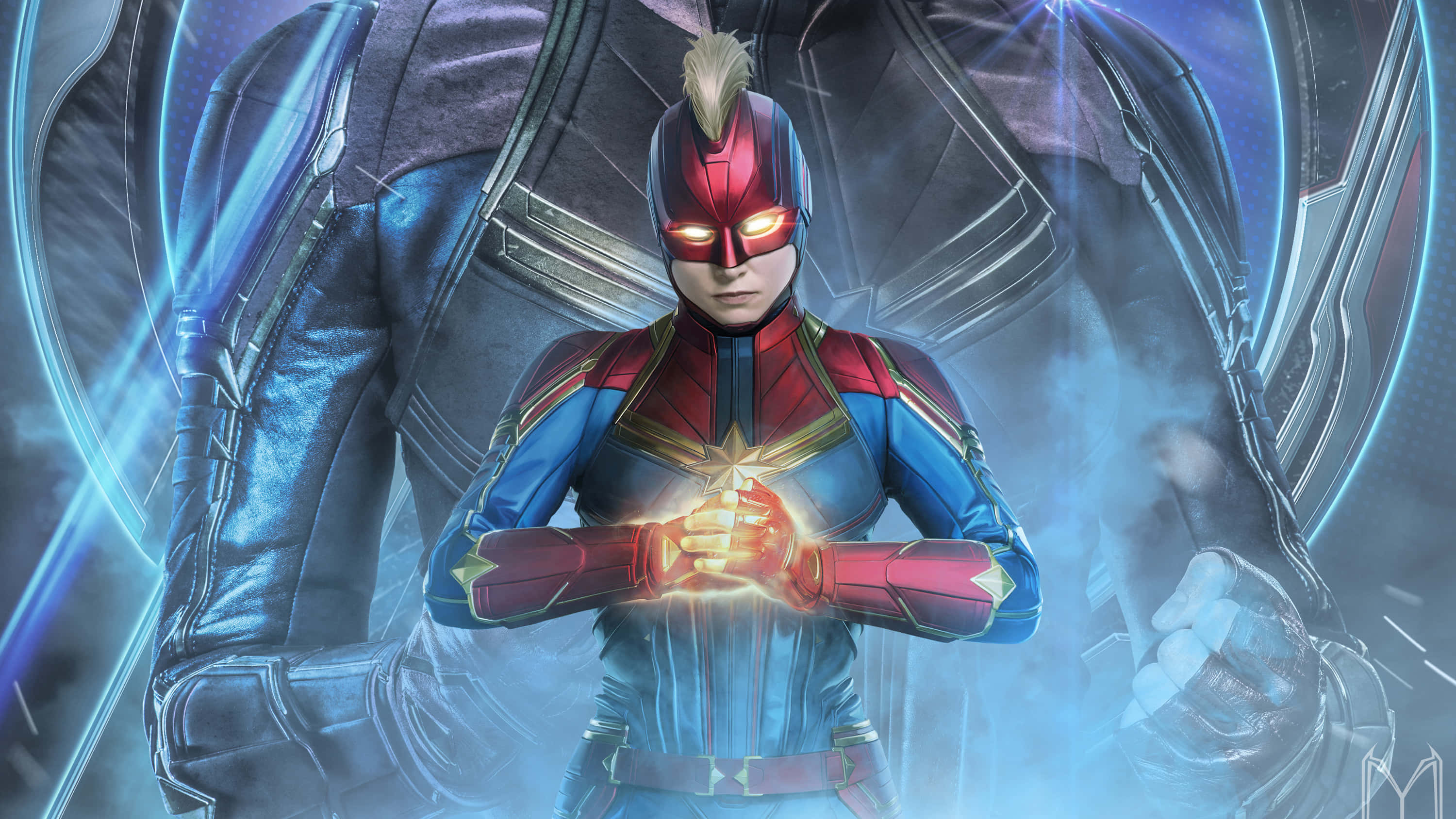 Captain Marvel, red blue and gold suit, glowing energy, 2K Desktop Wallpaper