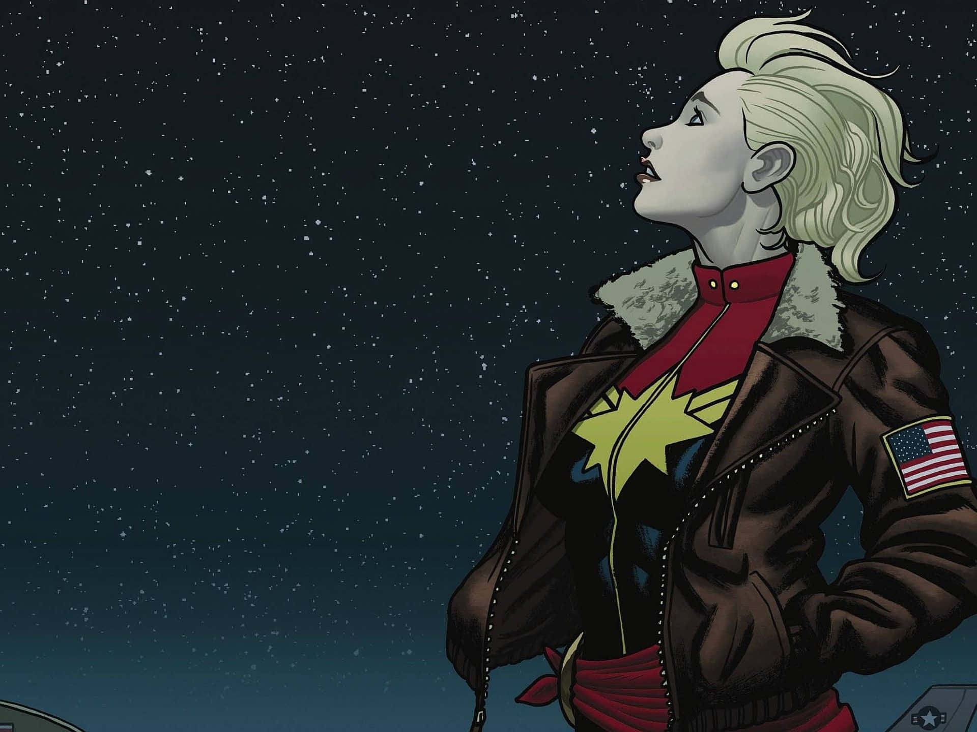 Captain Marvel, starry night sky, star-emblazoned jacket, Full HD Desktop Wallpaper